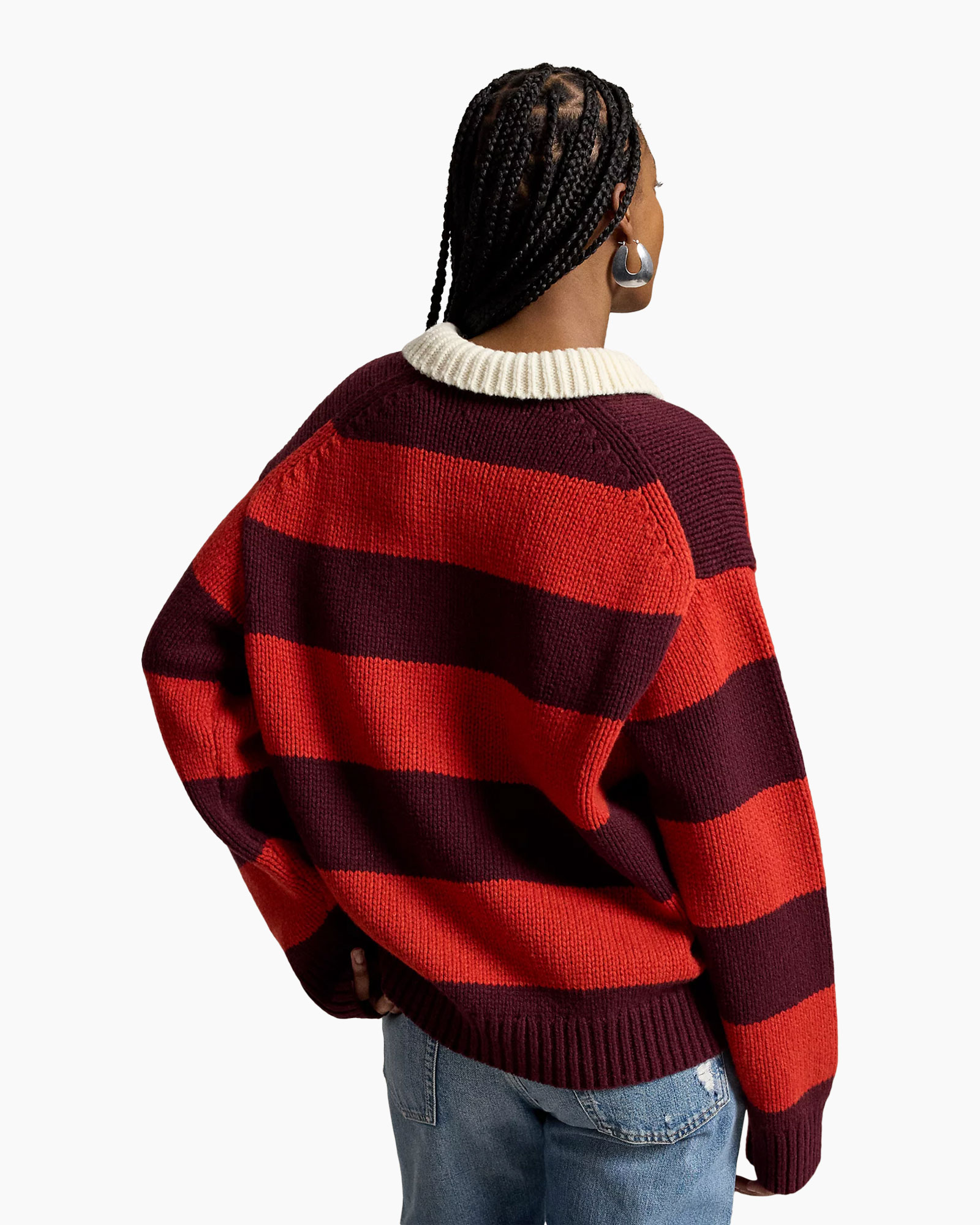 gestreepte trui, tricot, gebreide pullover, kraag, logo