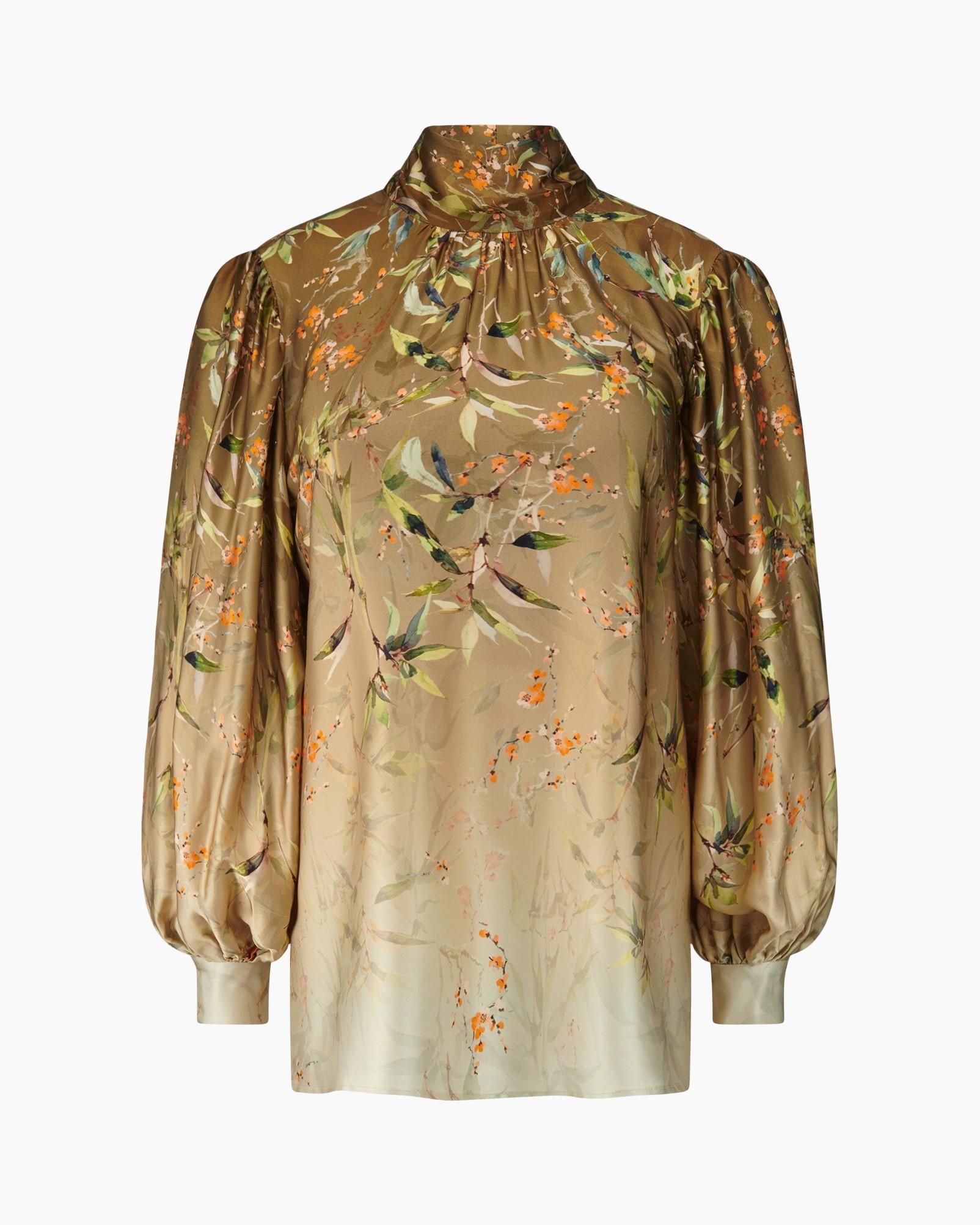 blouse, lange mouwen, bloemenprint, knoopsluiting met strik, zijde satijn