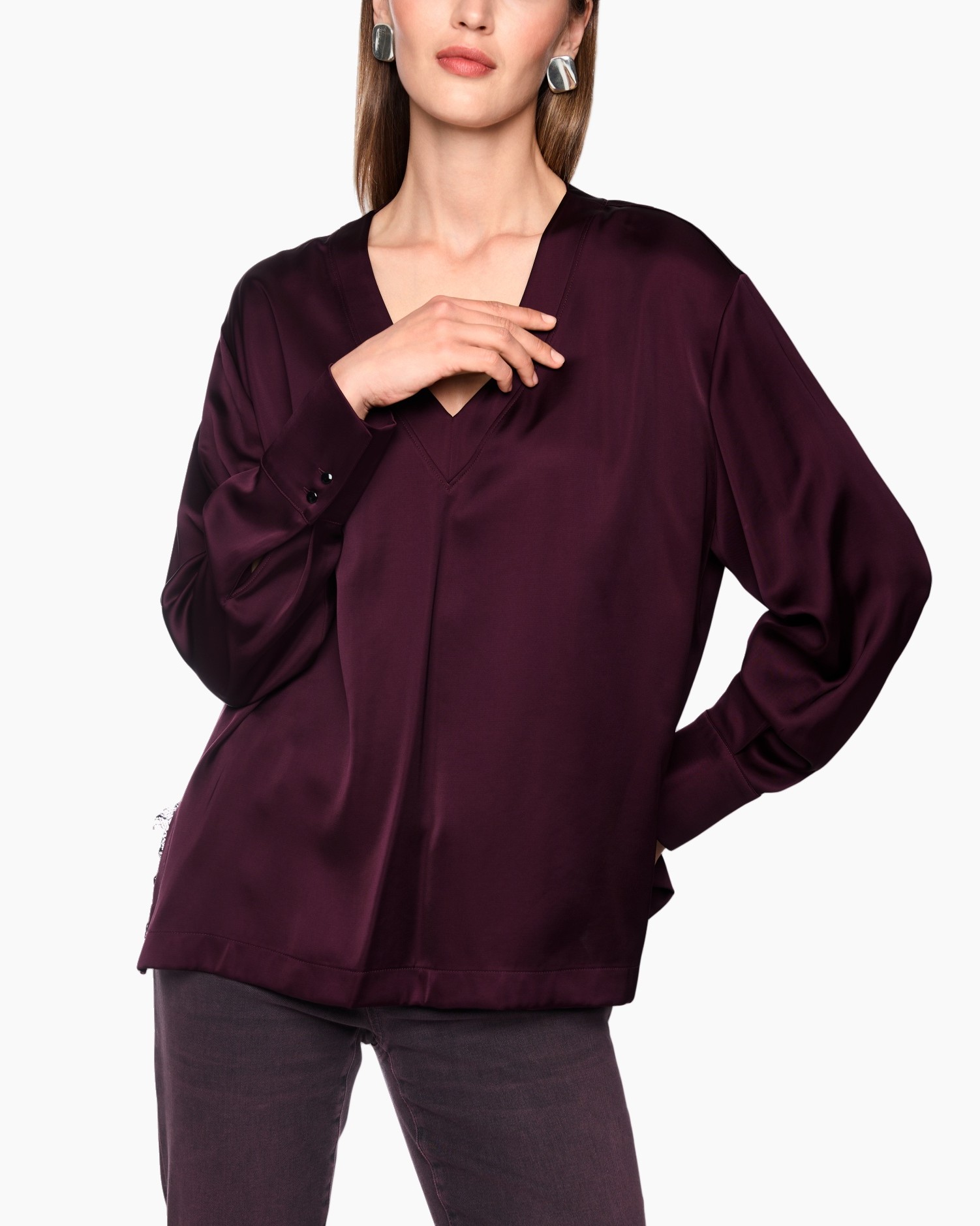 blouse, lange mouwen, V-hals, wijnkleur, damestop