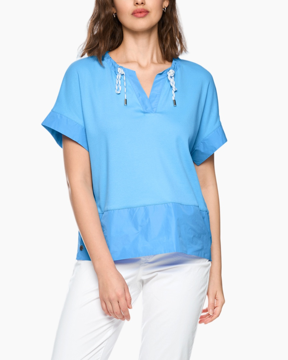 blue top, short sleeves, drawstring hood, casual blouse, woven fabric
