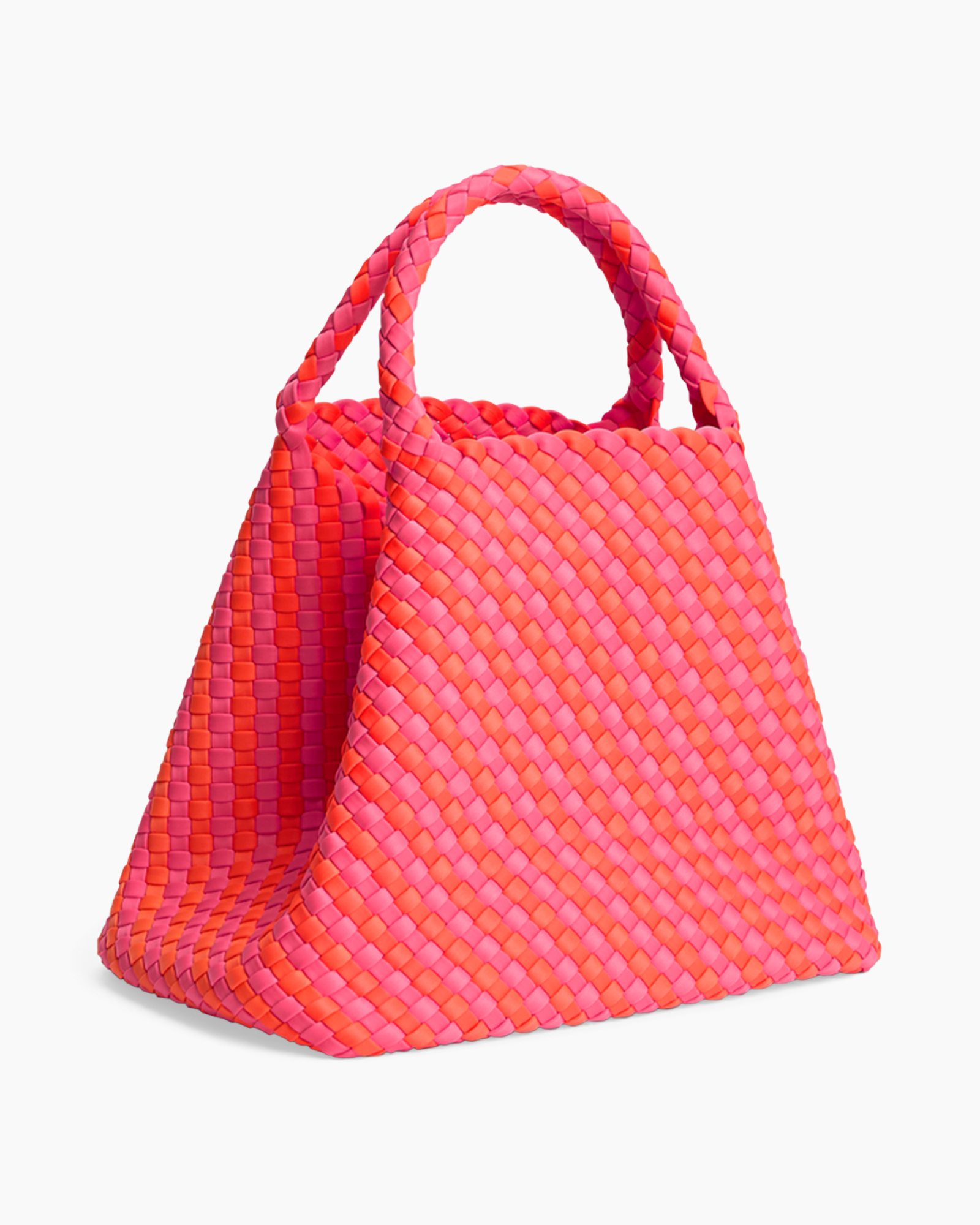 gewoven tas, roze tas, touw hengel, trekkoord, strandtas