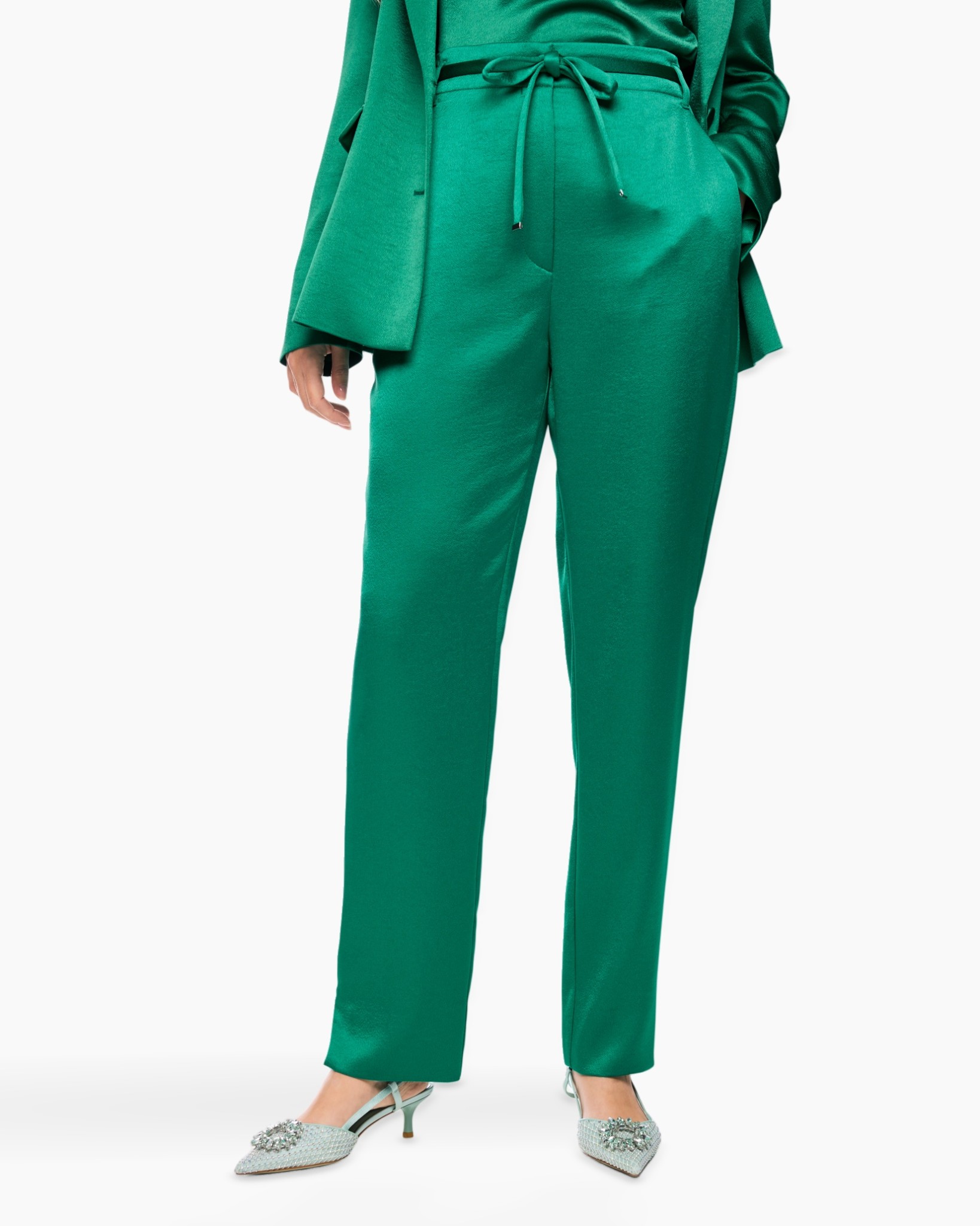 groen, broek, broekpak, touwriem, slacks