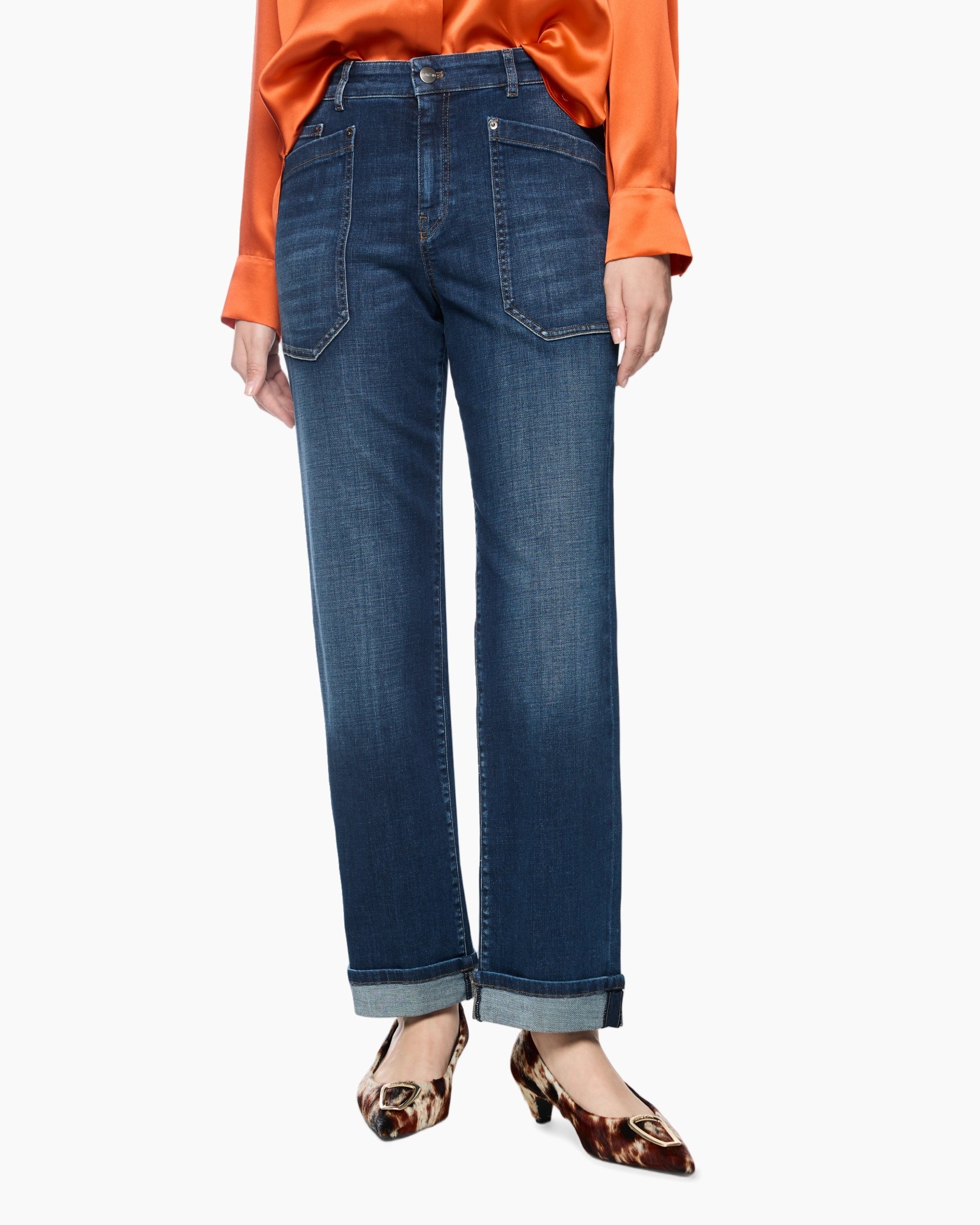 spijkerbroek, wijd-uit, versleten, denim, omgeslagen