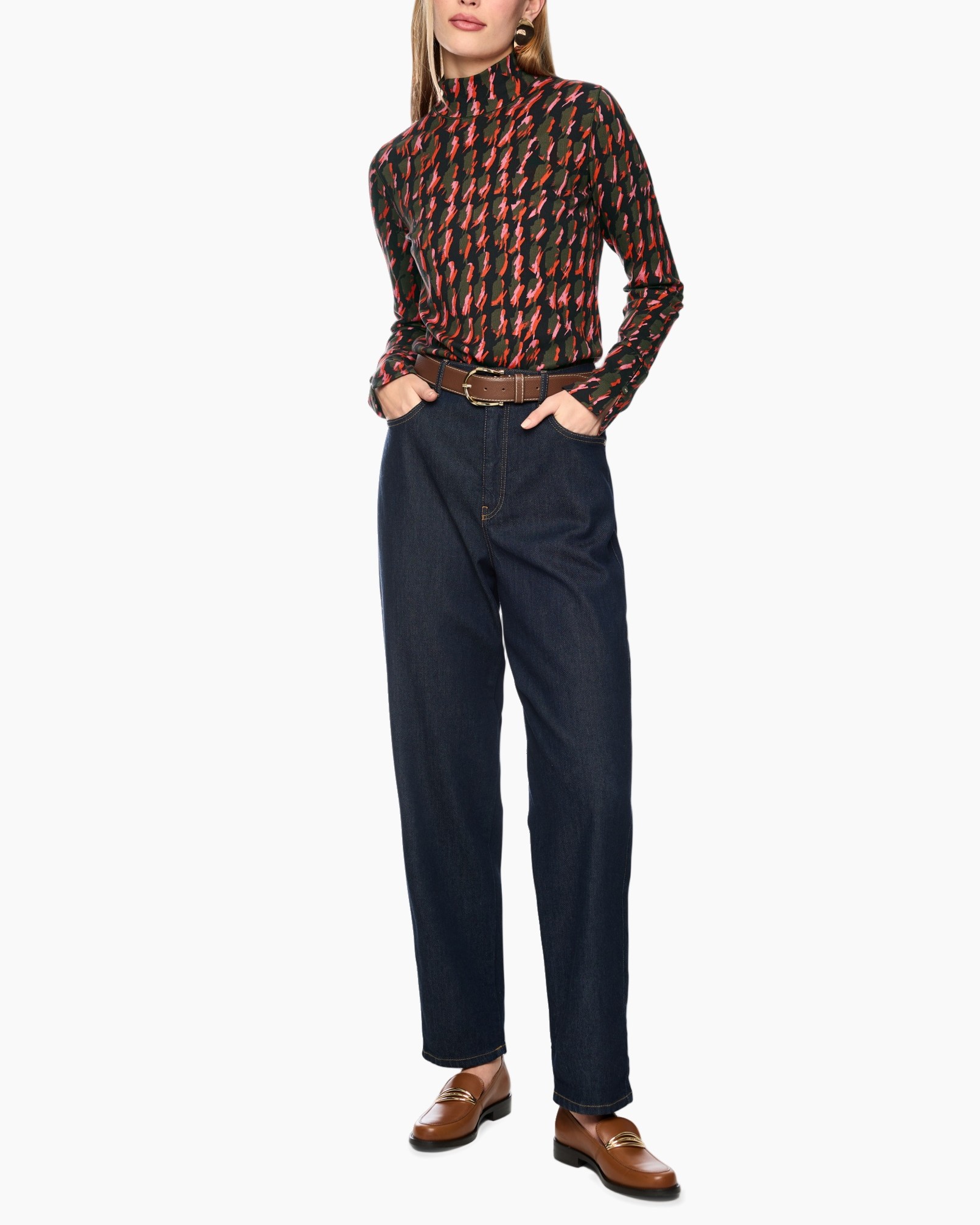 turtleneck, patroon top, lange mouwen, hoge taille, denim broek