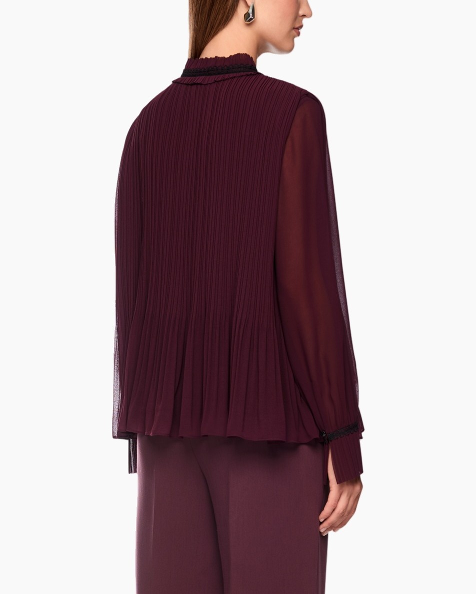 blouse, plooien, doorschijnend, långärmad, bordeaux