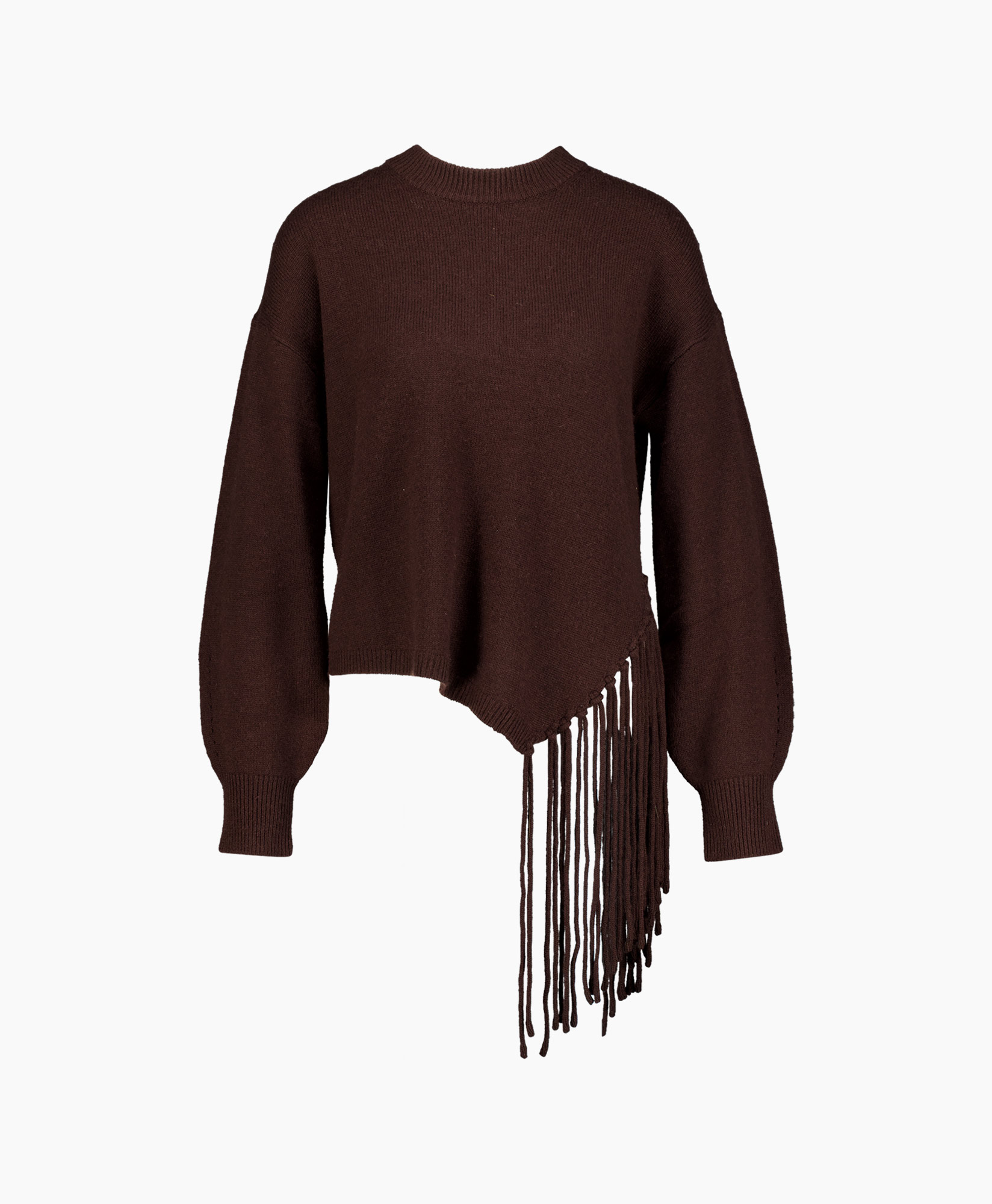 trui, bruin, fringes, brei, lange mouw