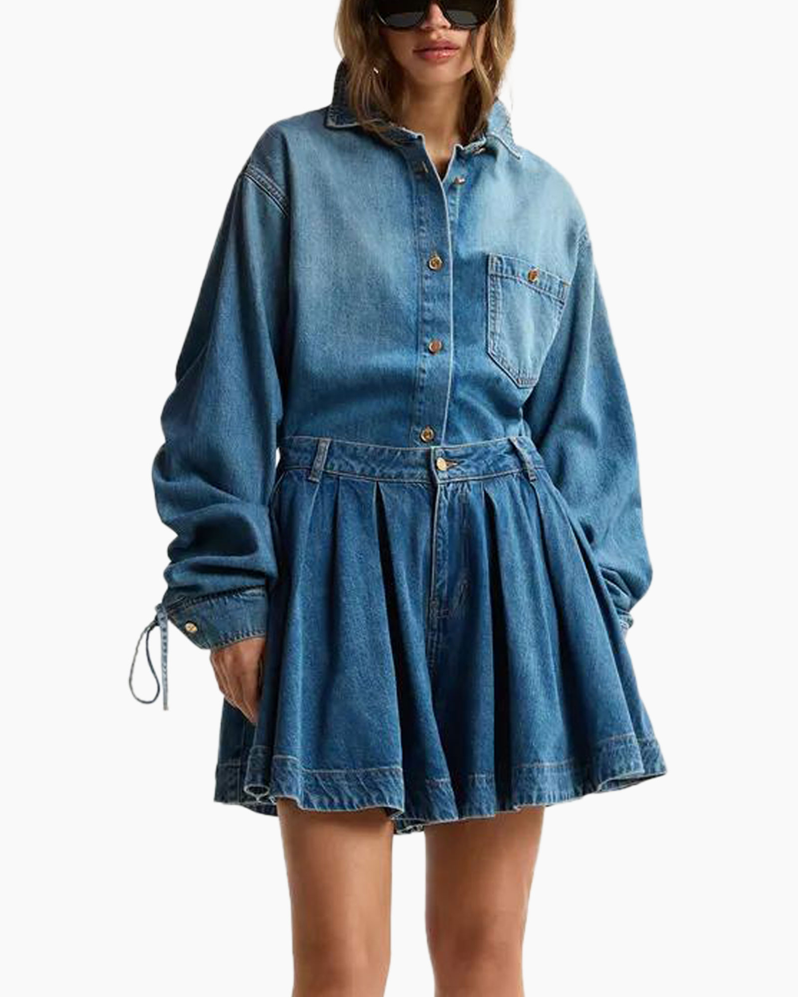 denim, jurk shirt, plooikraagrok, lange mouwen, knopen