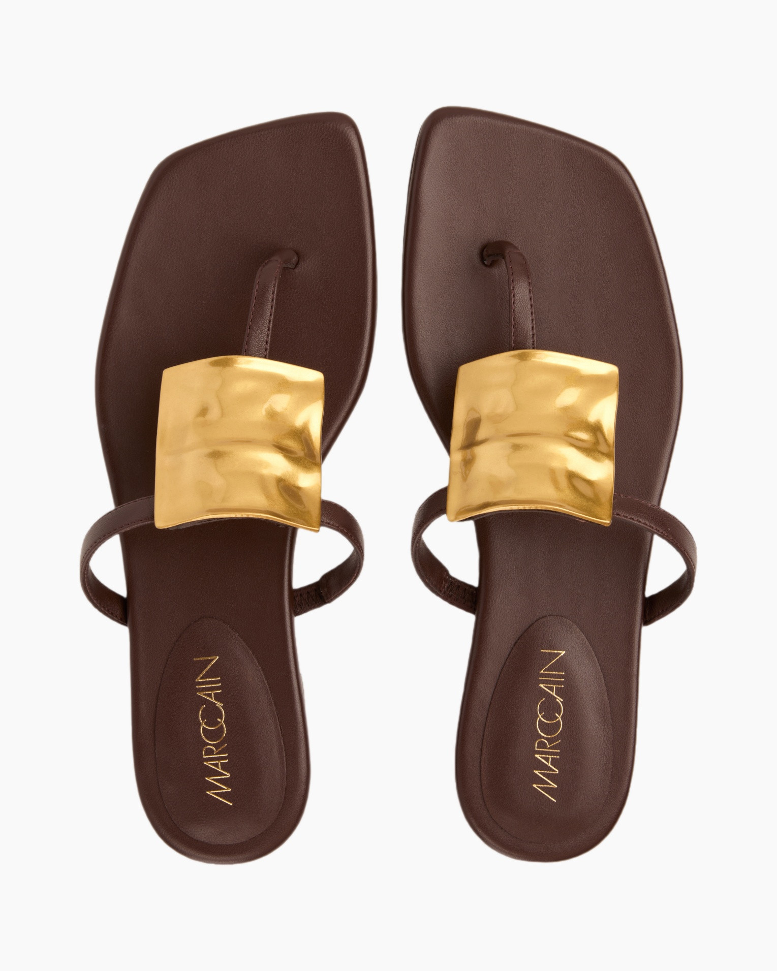 sandals, brown, square metallic ornament, open toe, slippers