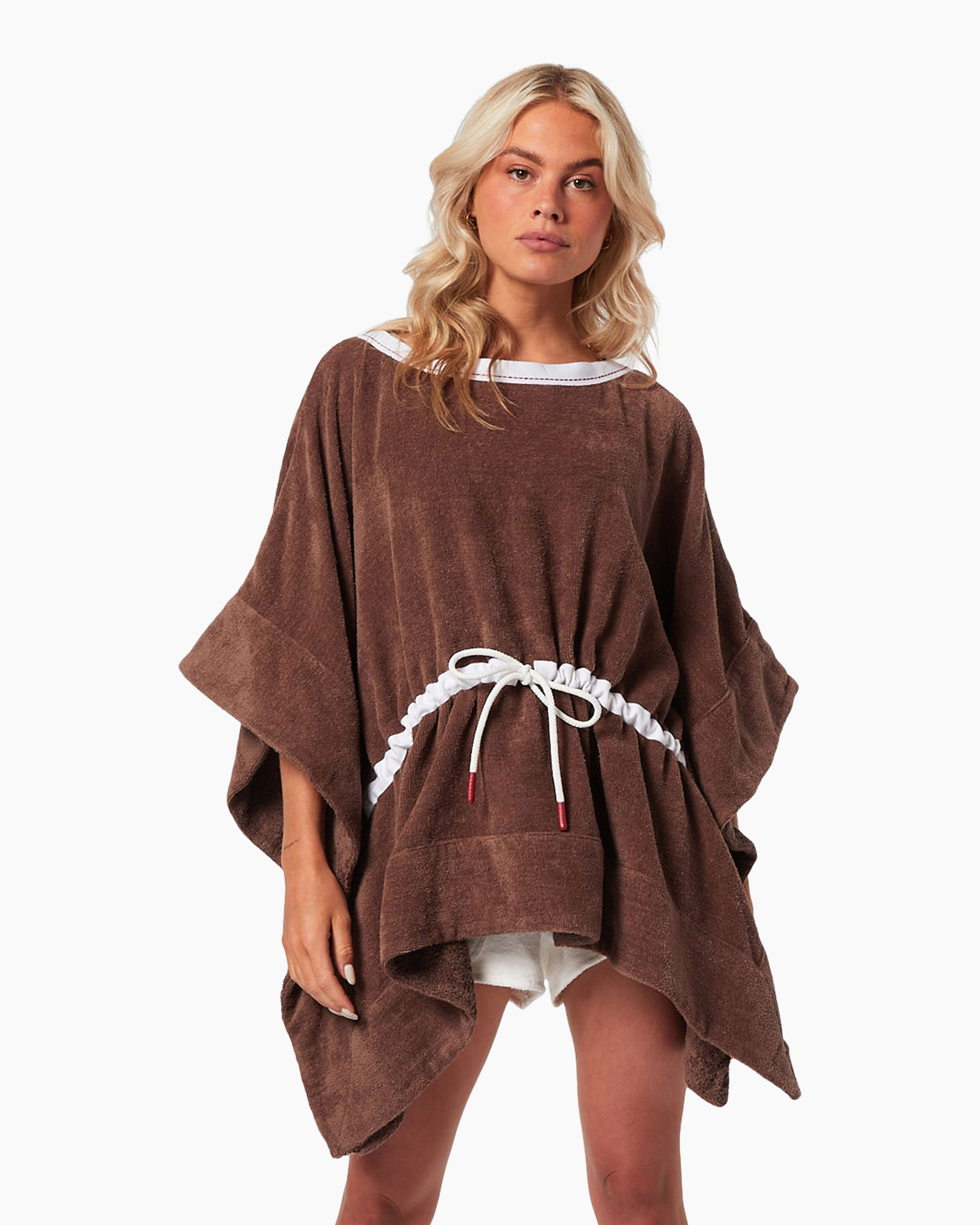 kaftan, poncho, bruin, tunique, touwcebelt