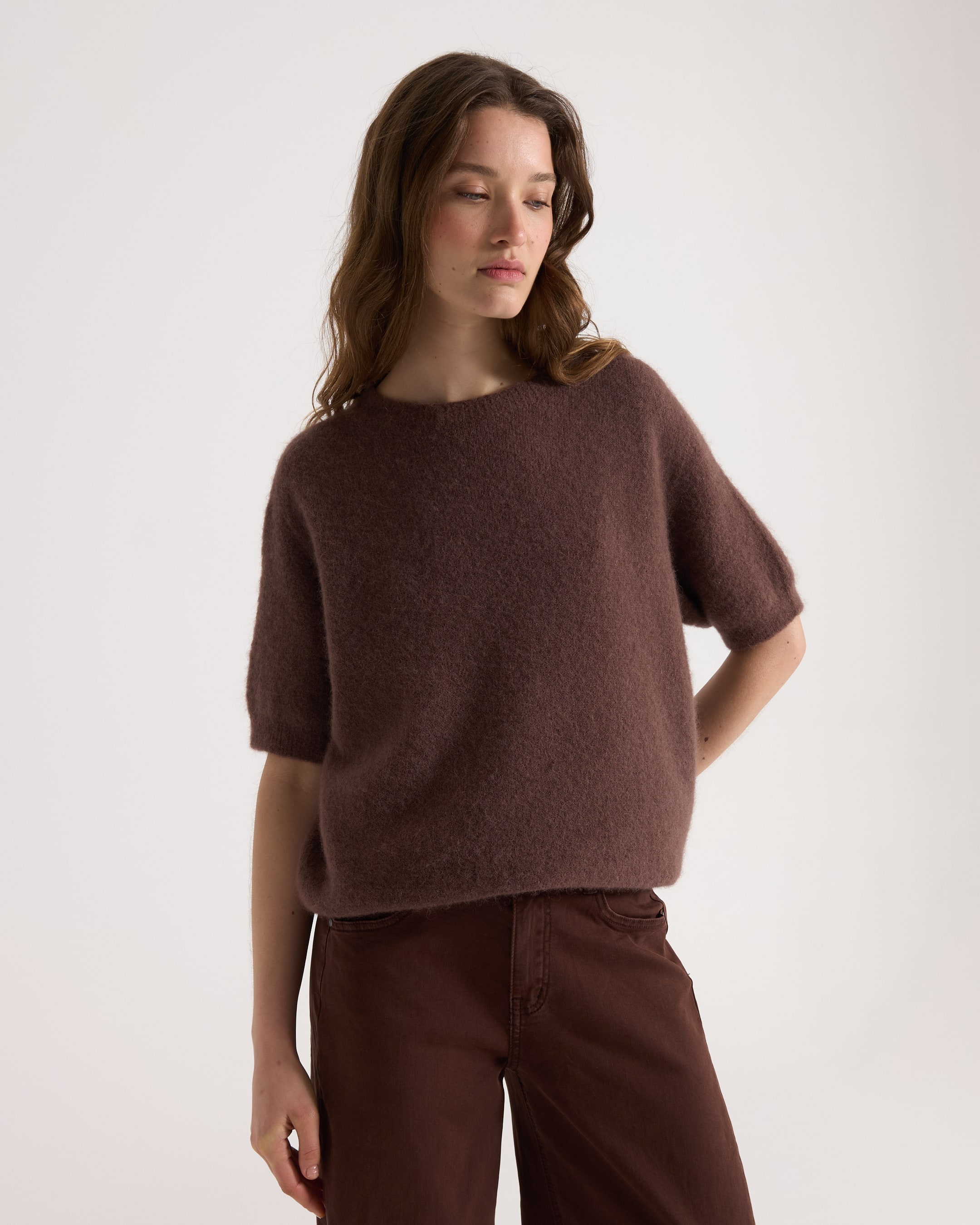 knit sweater, short sleeves, brown, loose fit, women's top