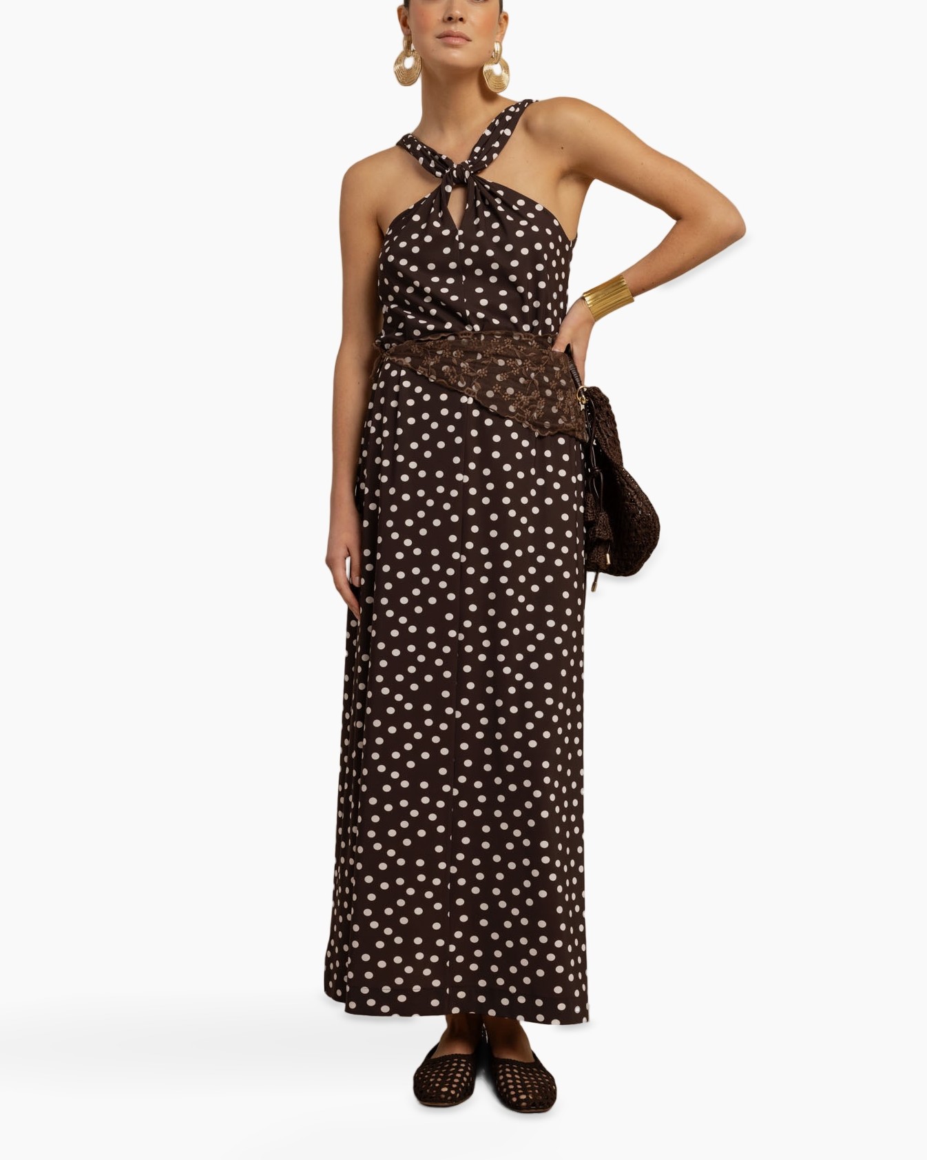 polka dot, jurk totop, halterneck, bruin, kantriem belt