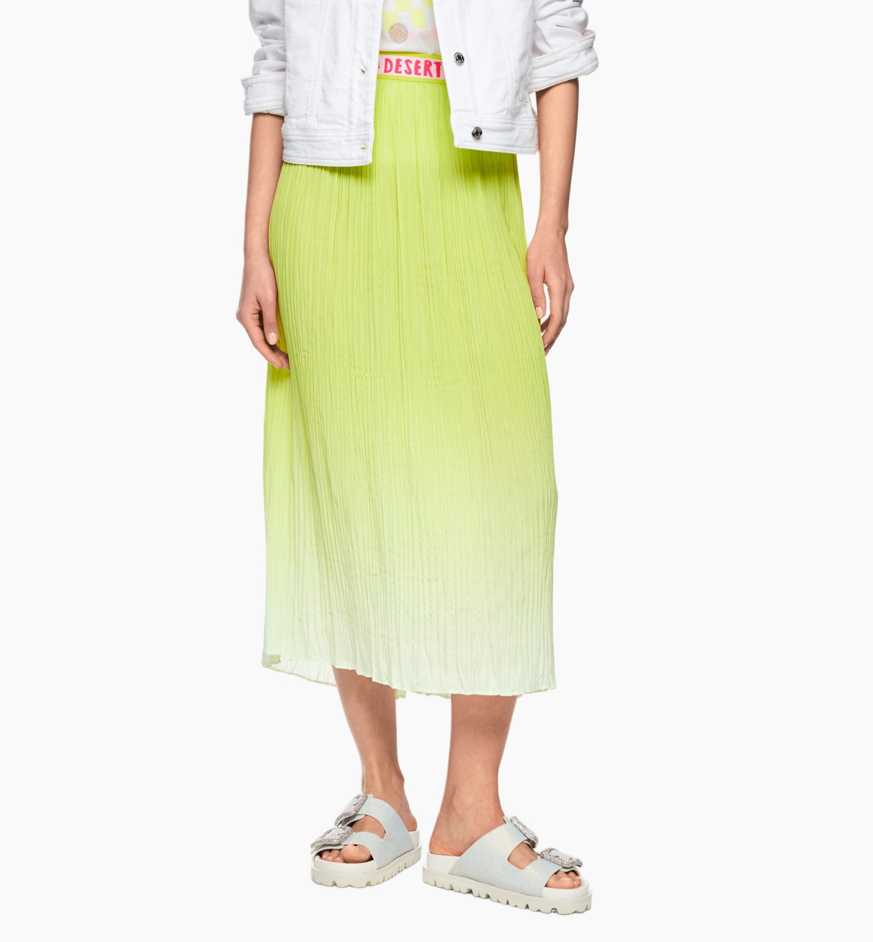 maxi rok, plissé, ombré groen, middenlengte, sandaaltjes