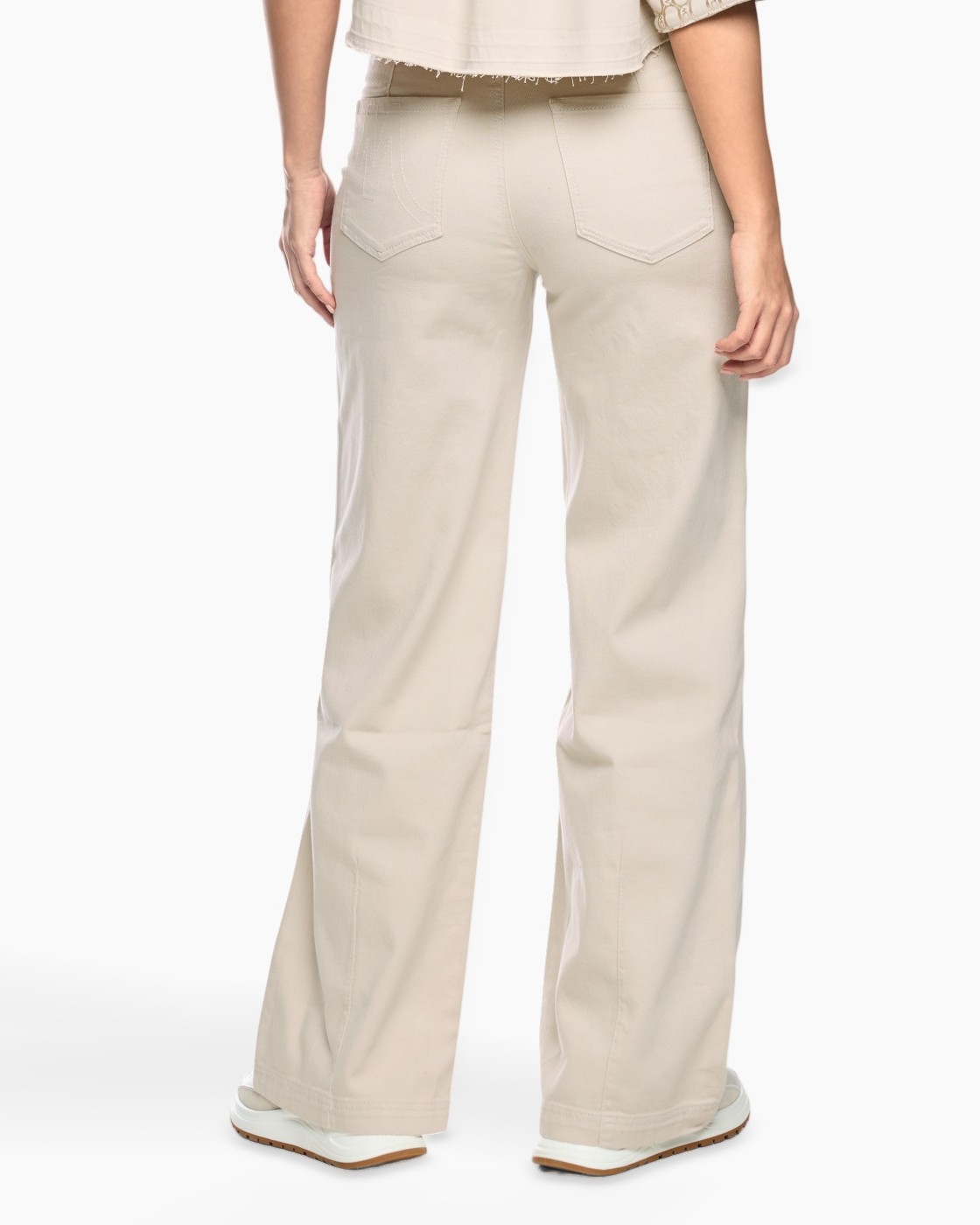 beige broek, wijd uitlopend, achterzakken, denim-achtig, katoenmengsel