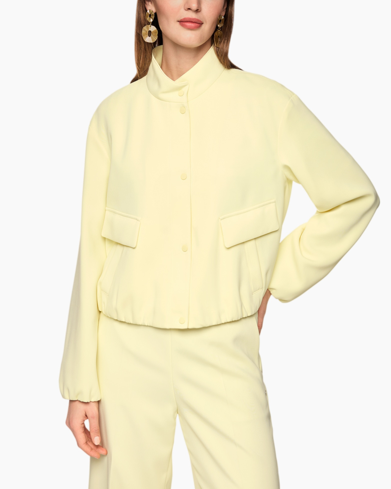 jacket, light yellow, panel pockets, stand collar, long sleeves
