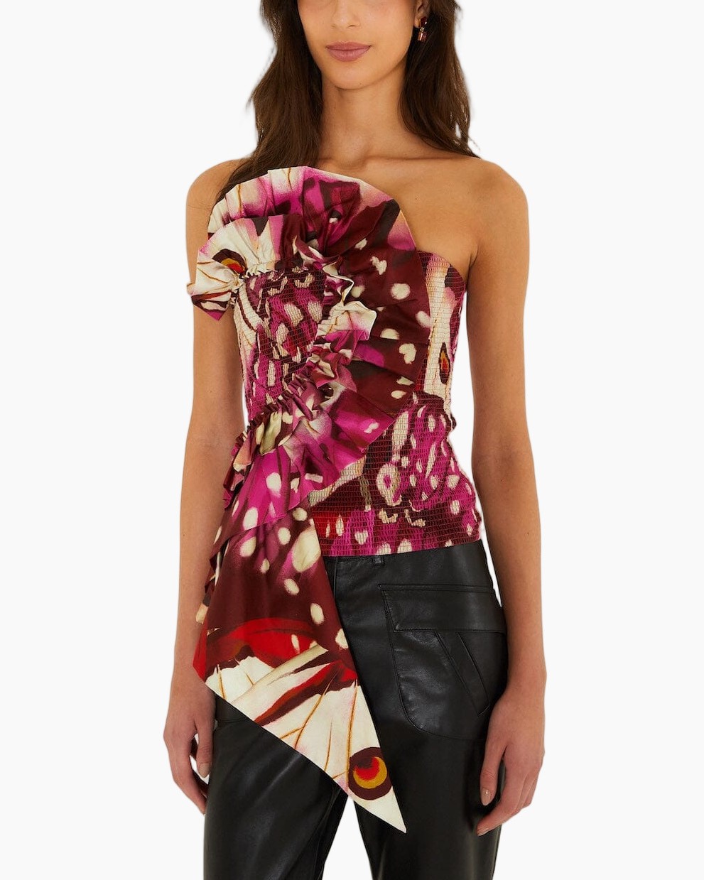 een-schouder, asymmetrie-top, ruffles, gedrukt, satijnachtige-stof