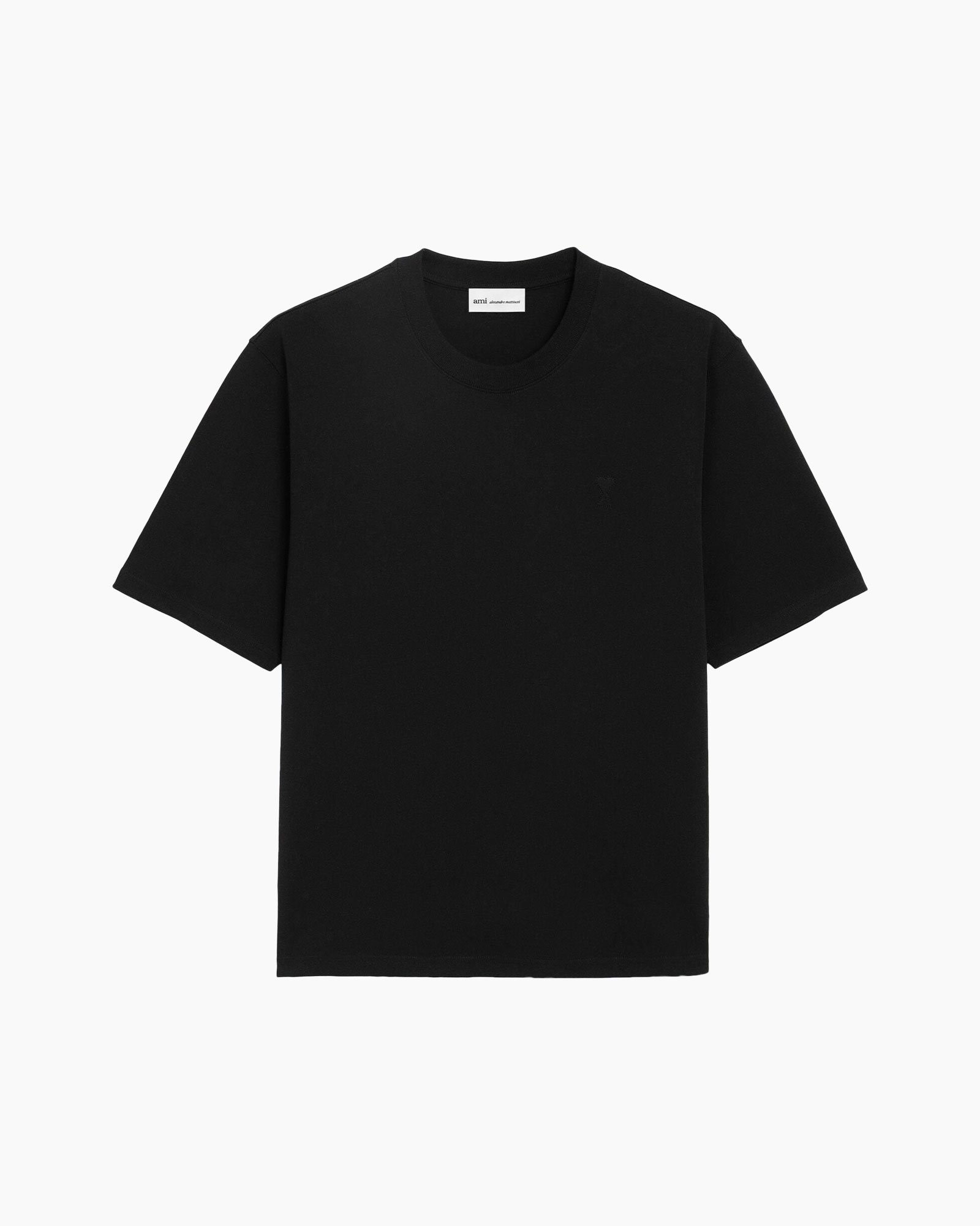 t-shirt, zwart, korte_mouw, kraagloze, effen
