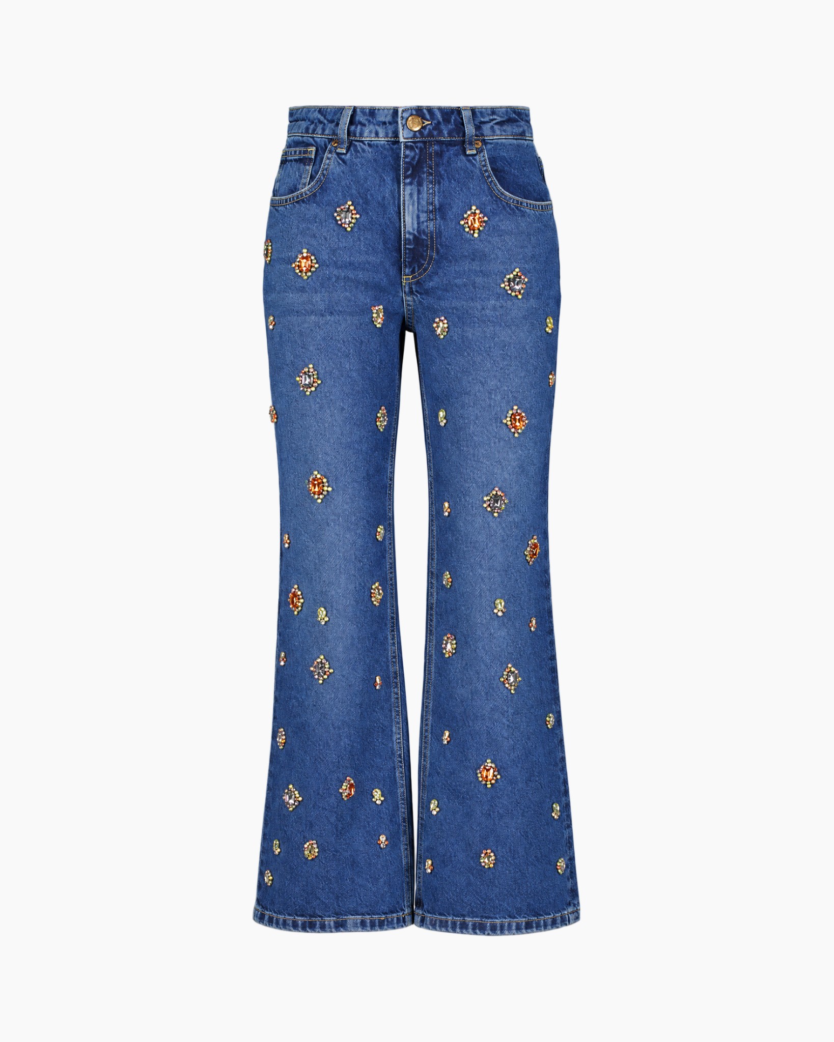 spijkerbroek, blauwe denim, uitlopende pijpen, versieringen met steentjes, vijf zakken