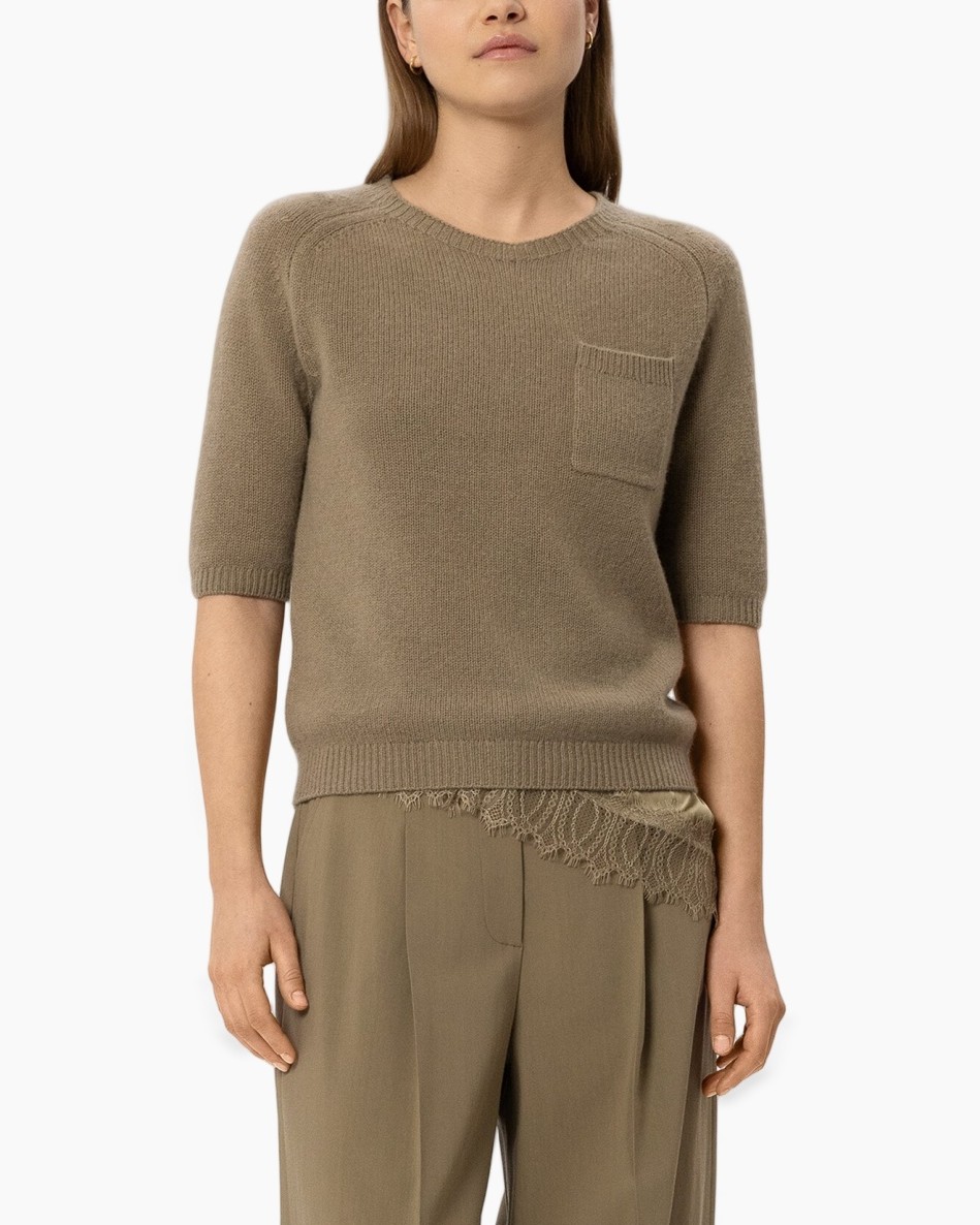 gebreide trui, korte mouwen, zakken trui, beige, casual top