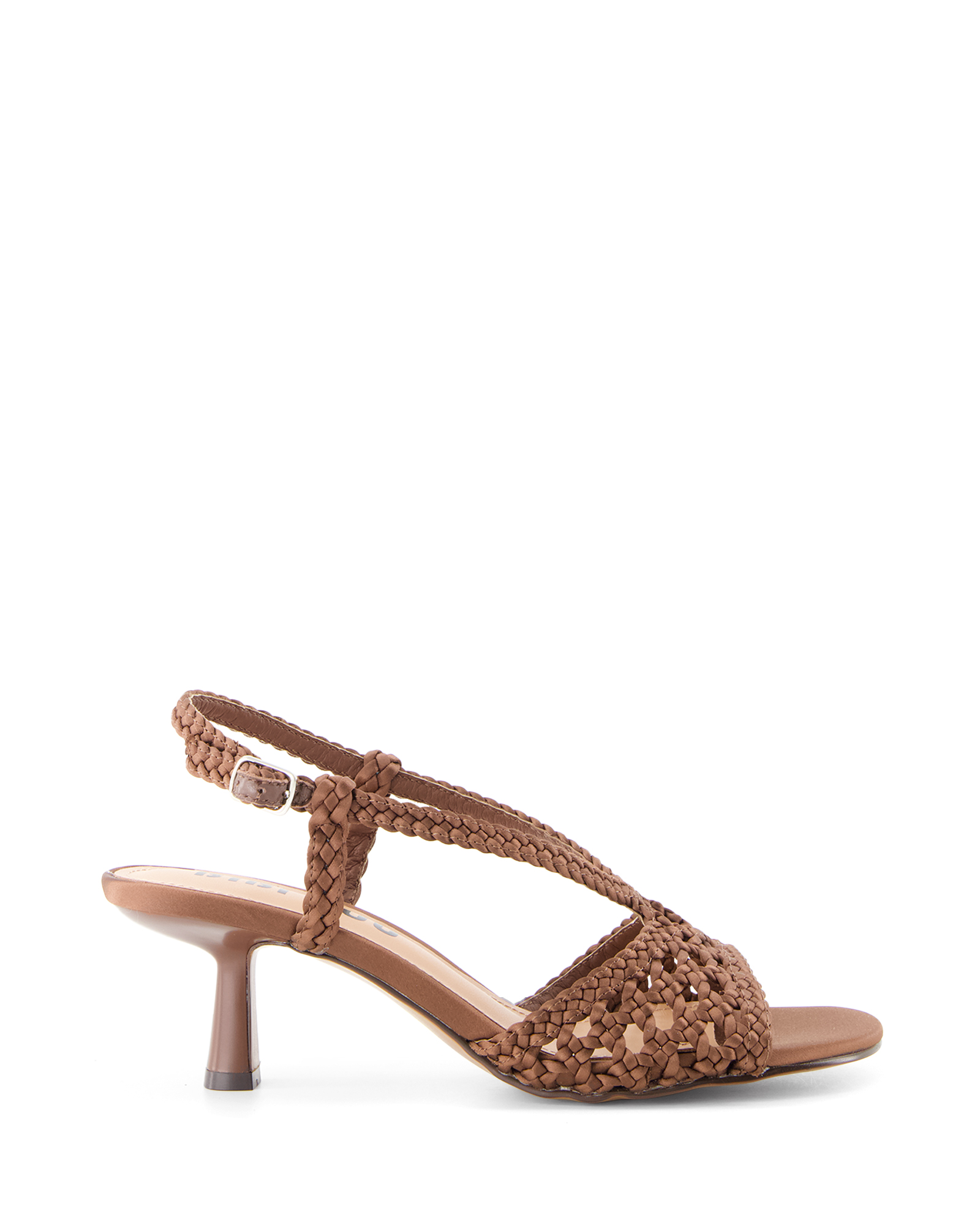 sandals, woven, mid heel, strappy, brown