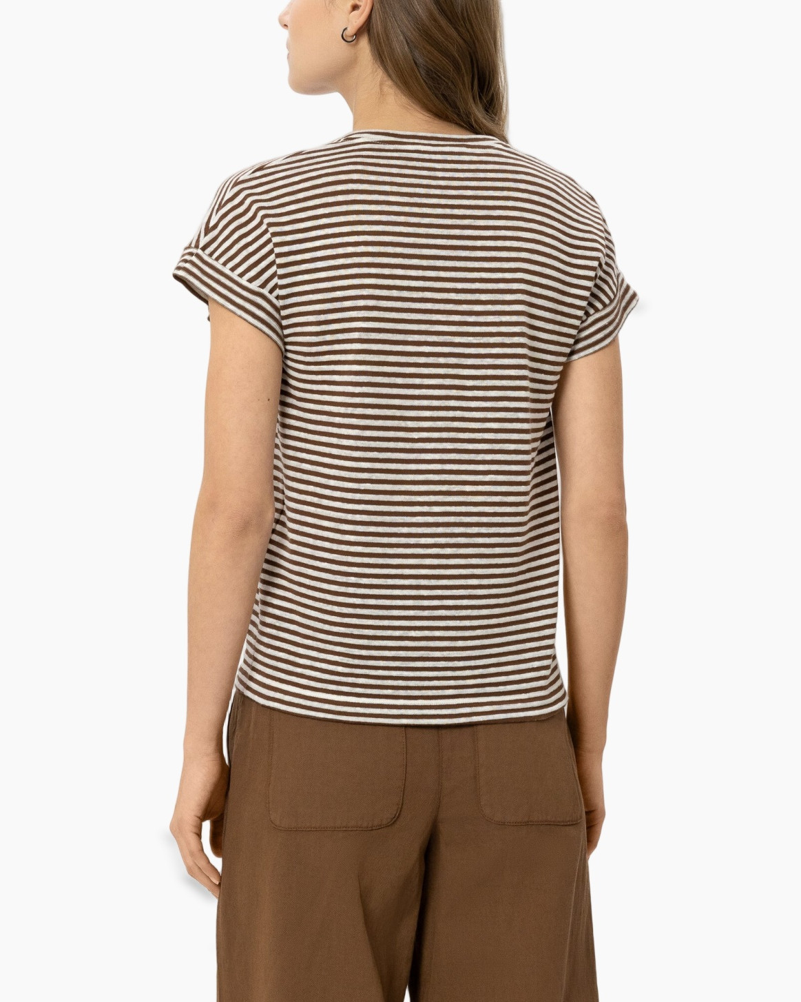 t-shirt, striped, brown, short-sleeve, crew-neck