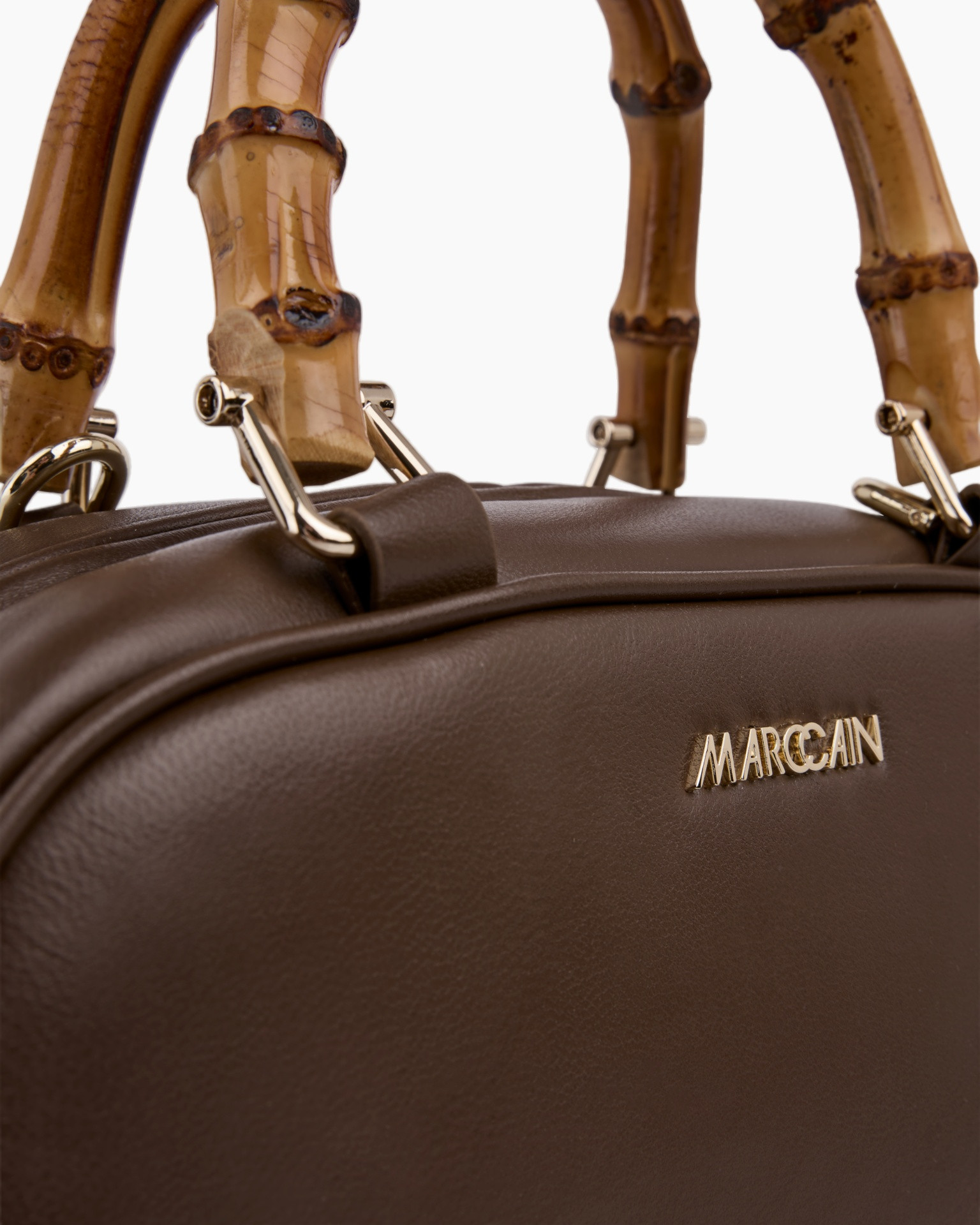 tassen, bruin, leer, bamboe handvat, metaalkleurige logo