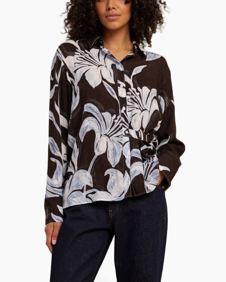 knopenhemd, blouse, bloemendessin, lange mouwen, donkerbruin