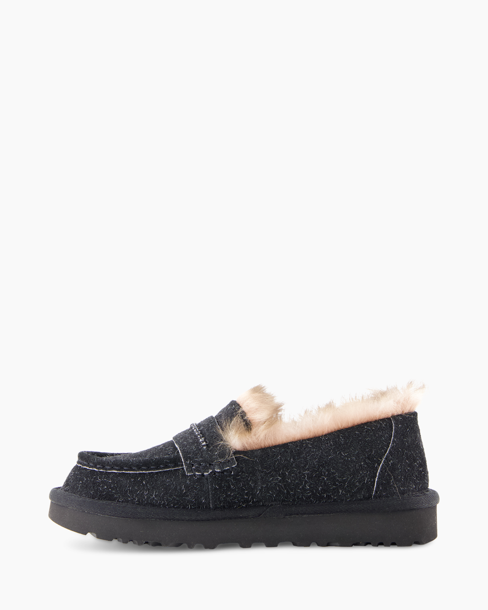 slippers, moccasin, fur trim, black, chunky sole