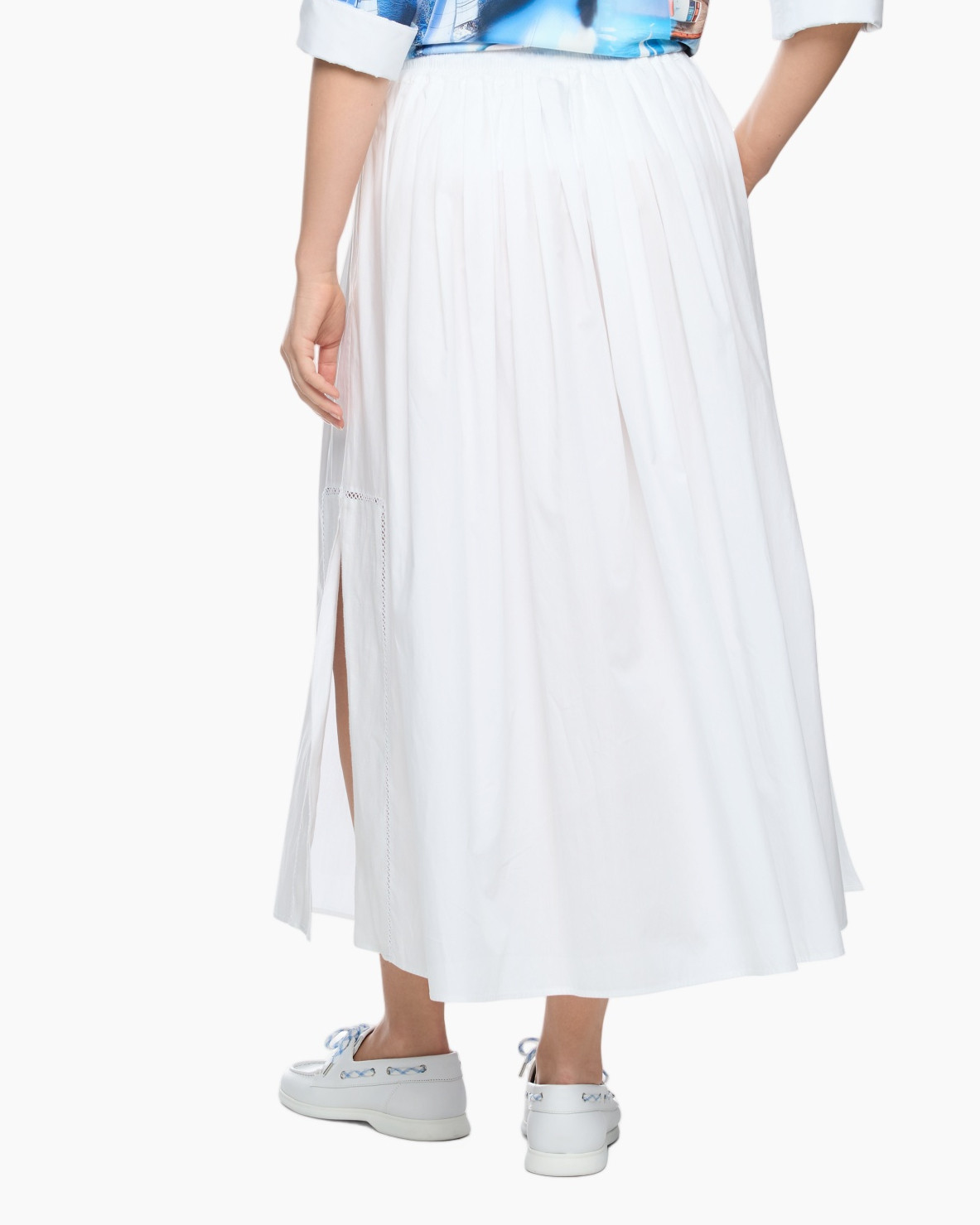 white skirt, maxi skirt, slit skirt, drawstring waist, pocket detail