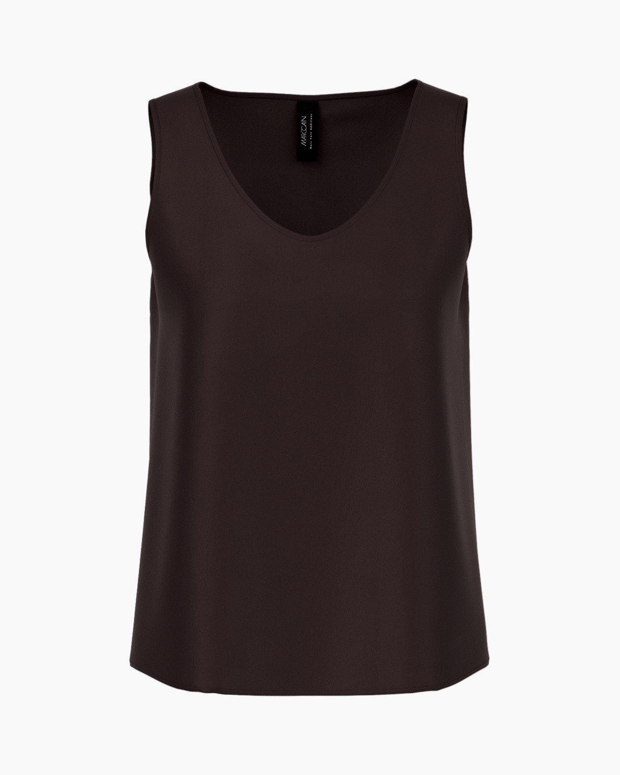 mouwloze top, V-hals, donkerbruin, effen