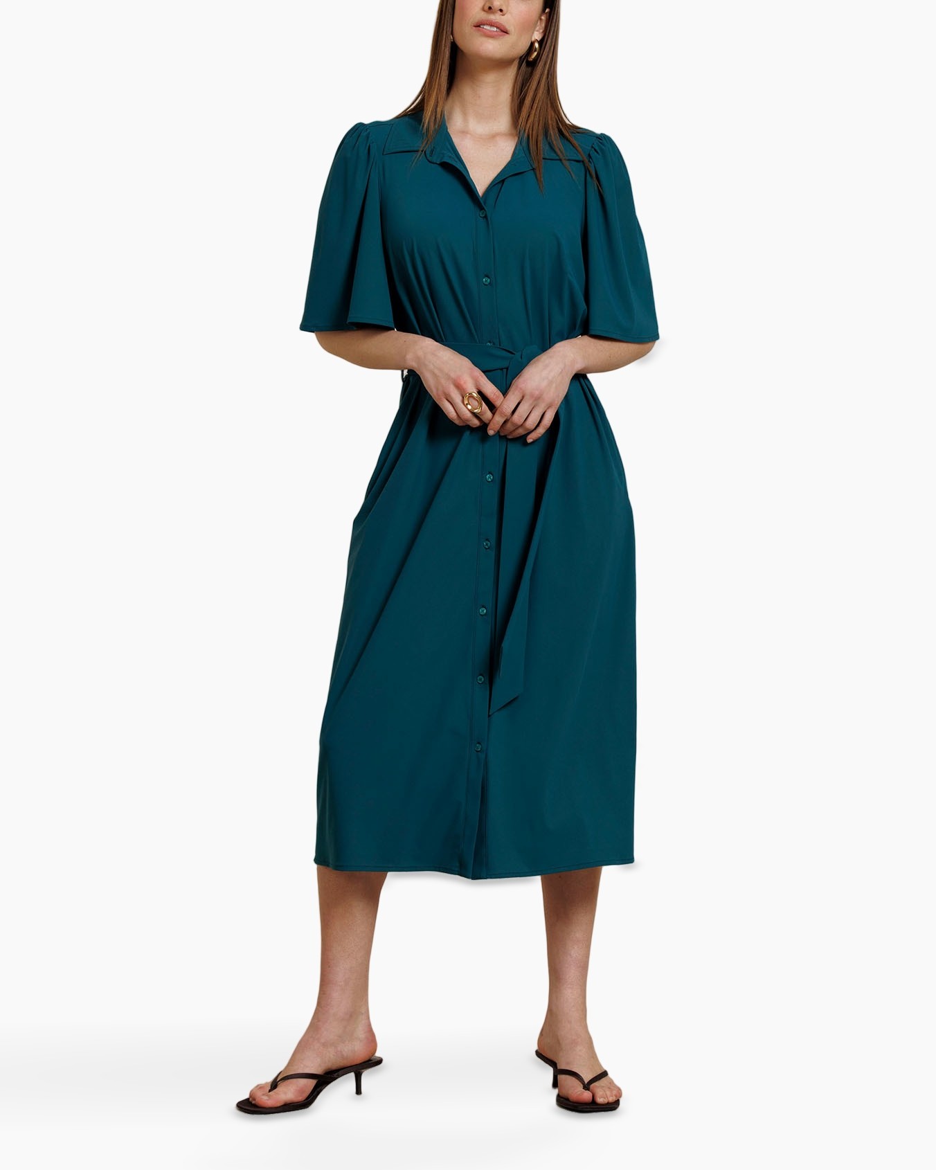 jurk, teal/kleur, midden-lengte, knopen-down, korte mouwen