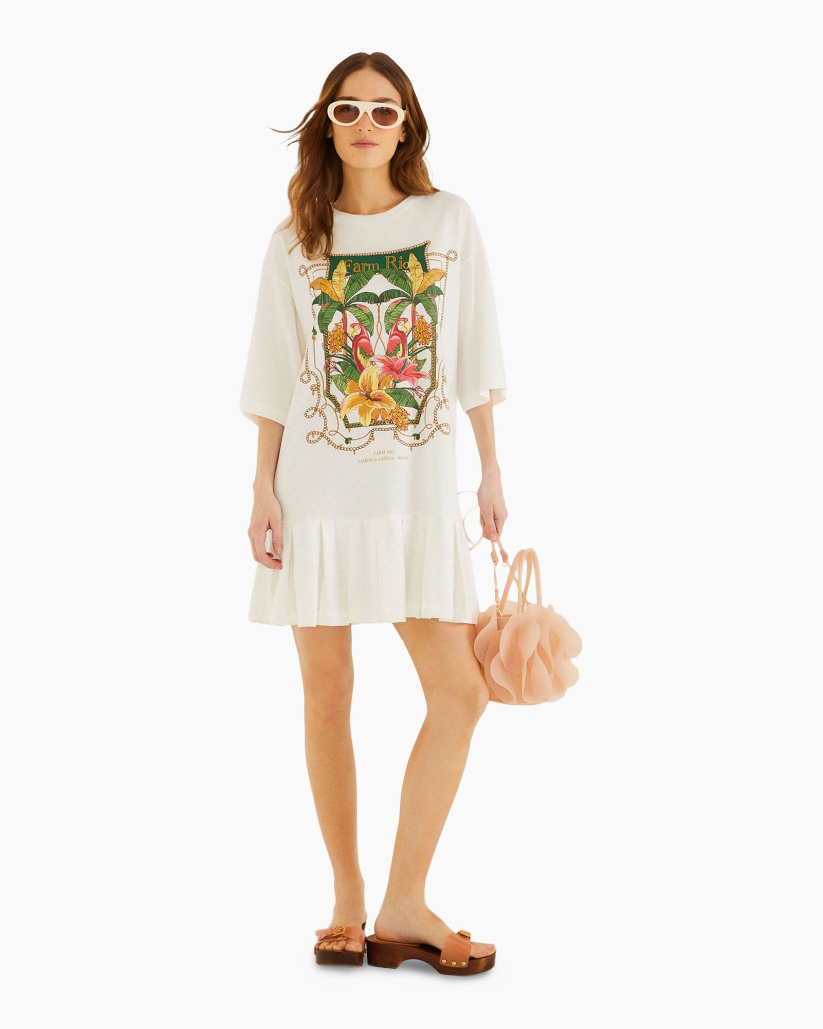 jurk, tuniek, grafisch, bloemen, sandalen