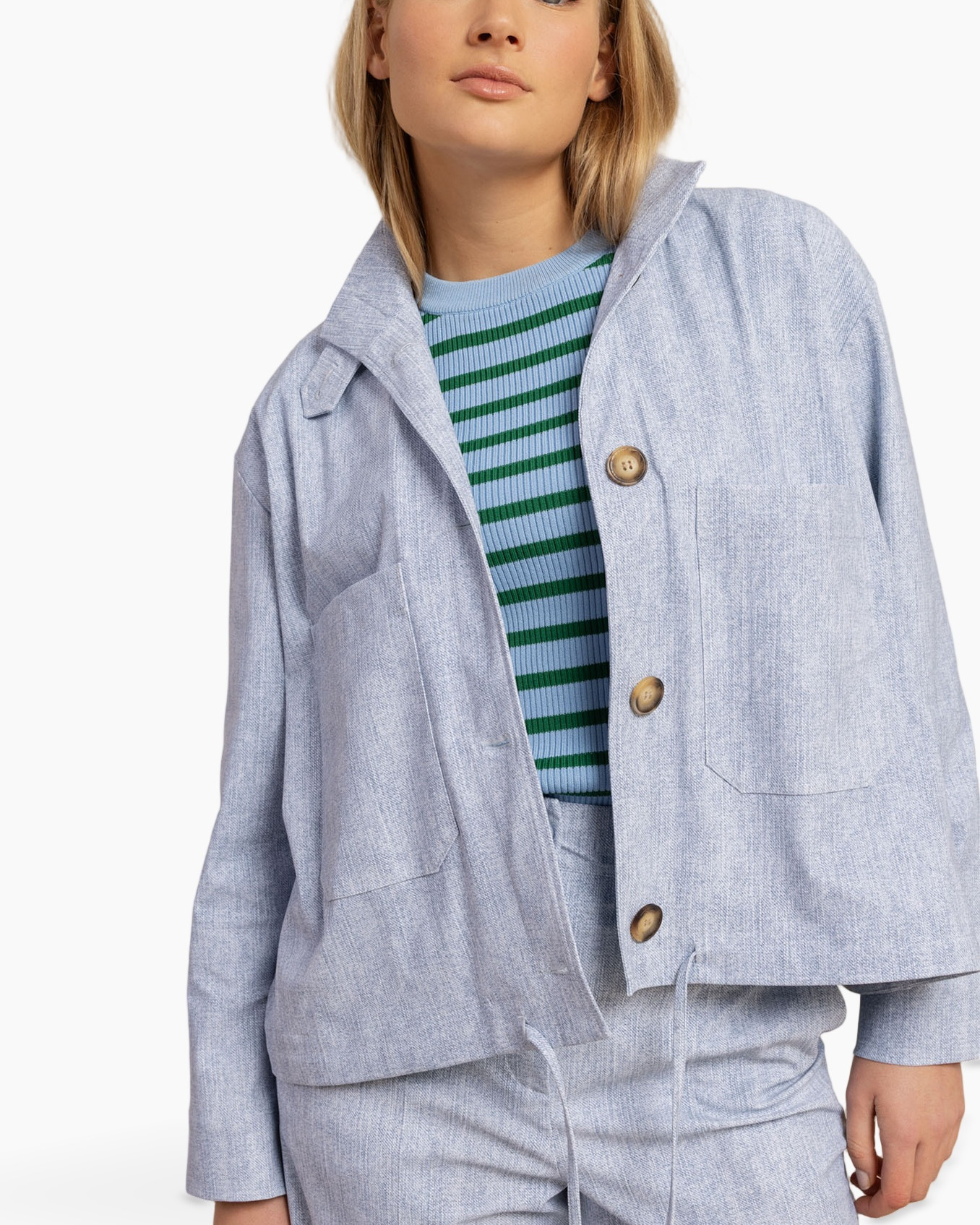 jas, linnen, lichtblauw, knopen, zak