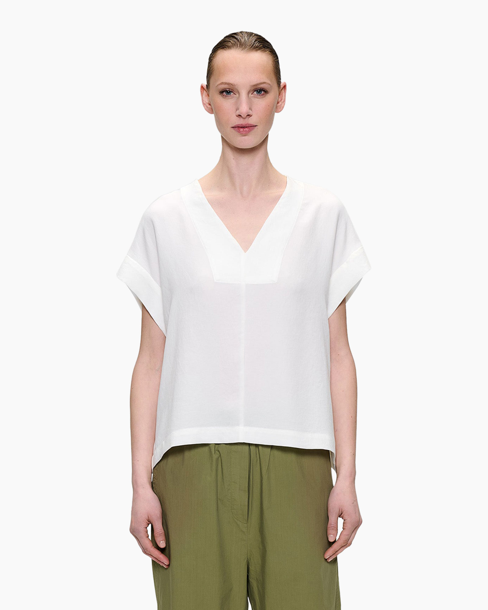 blouse, white, short sleeves, v-neck, loose fit