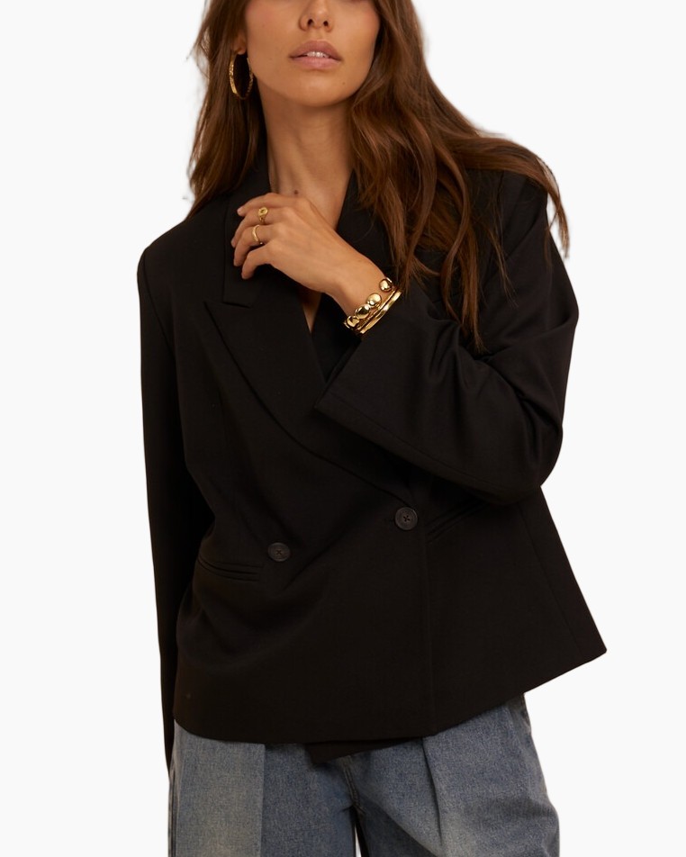 blazer, dubbelbreasted, zwart, vrouw, jas