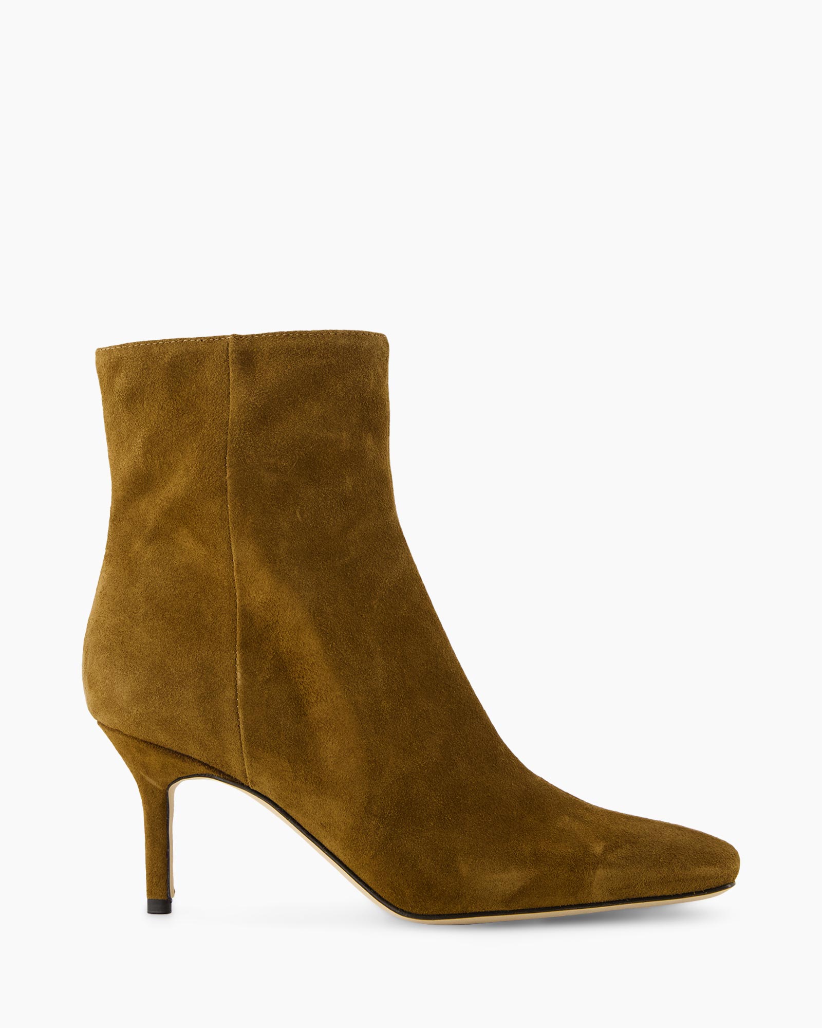 ankelboot, suede, bruin, halvehoge hak, puntige neus