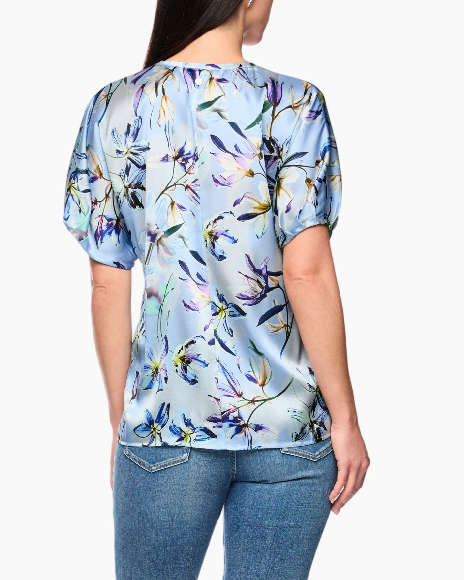 blouse vrouwen, bloementop, blauw gedrukt shirt, korte mouw, v-hals