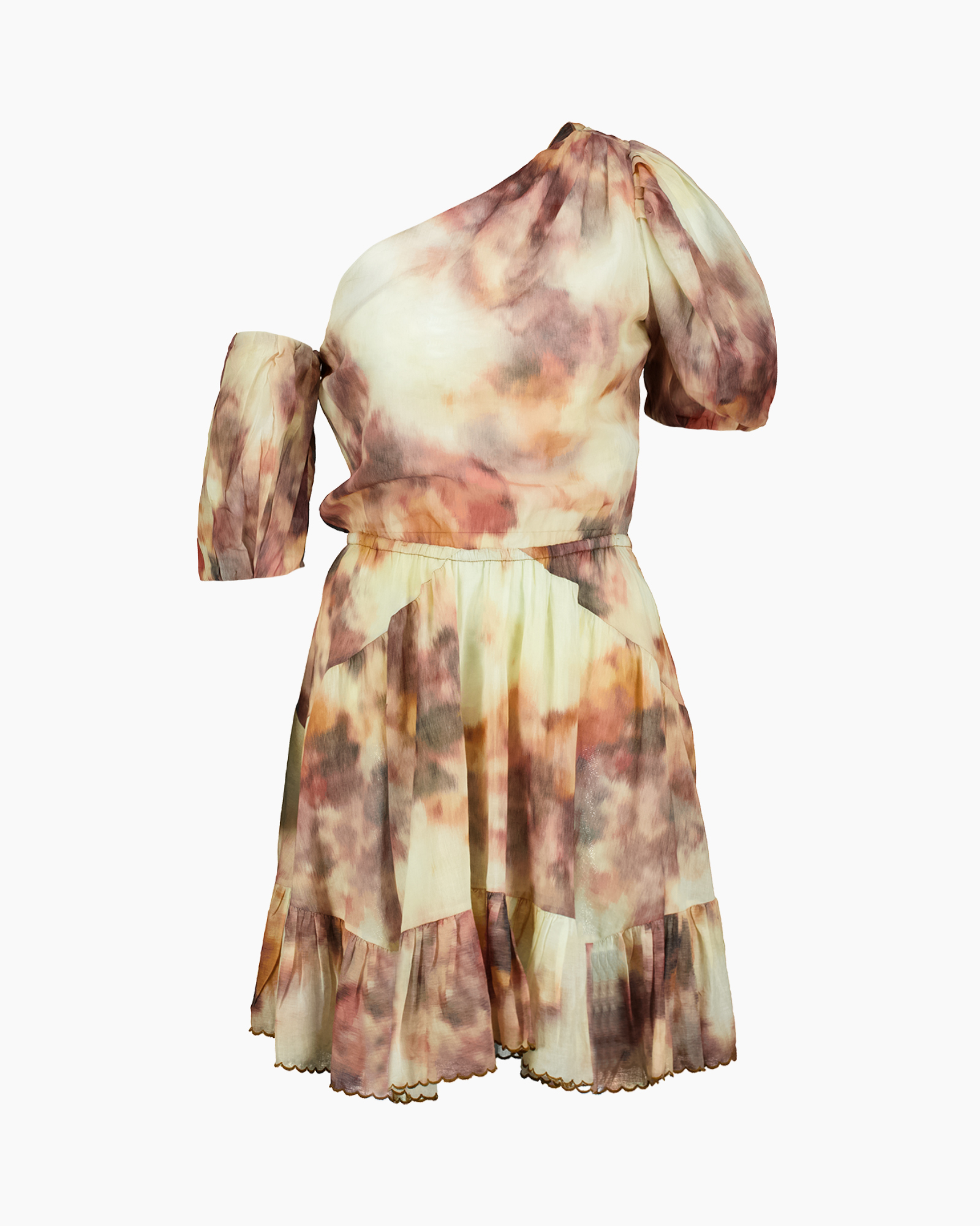 dress, tie-dye, one-shoulder, ruffled, short-sleeve