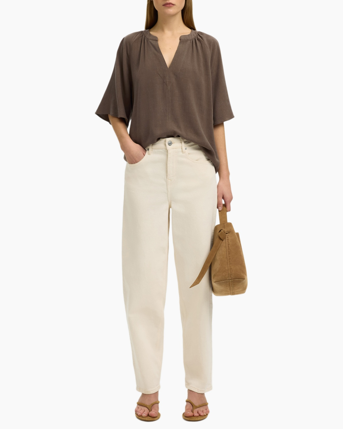 top, blouse, brown, linen, loose fit