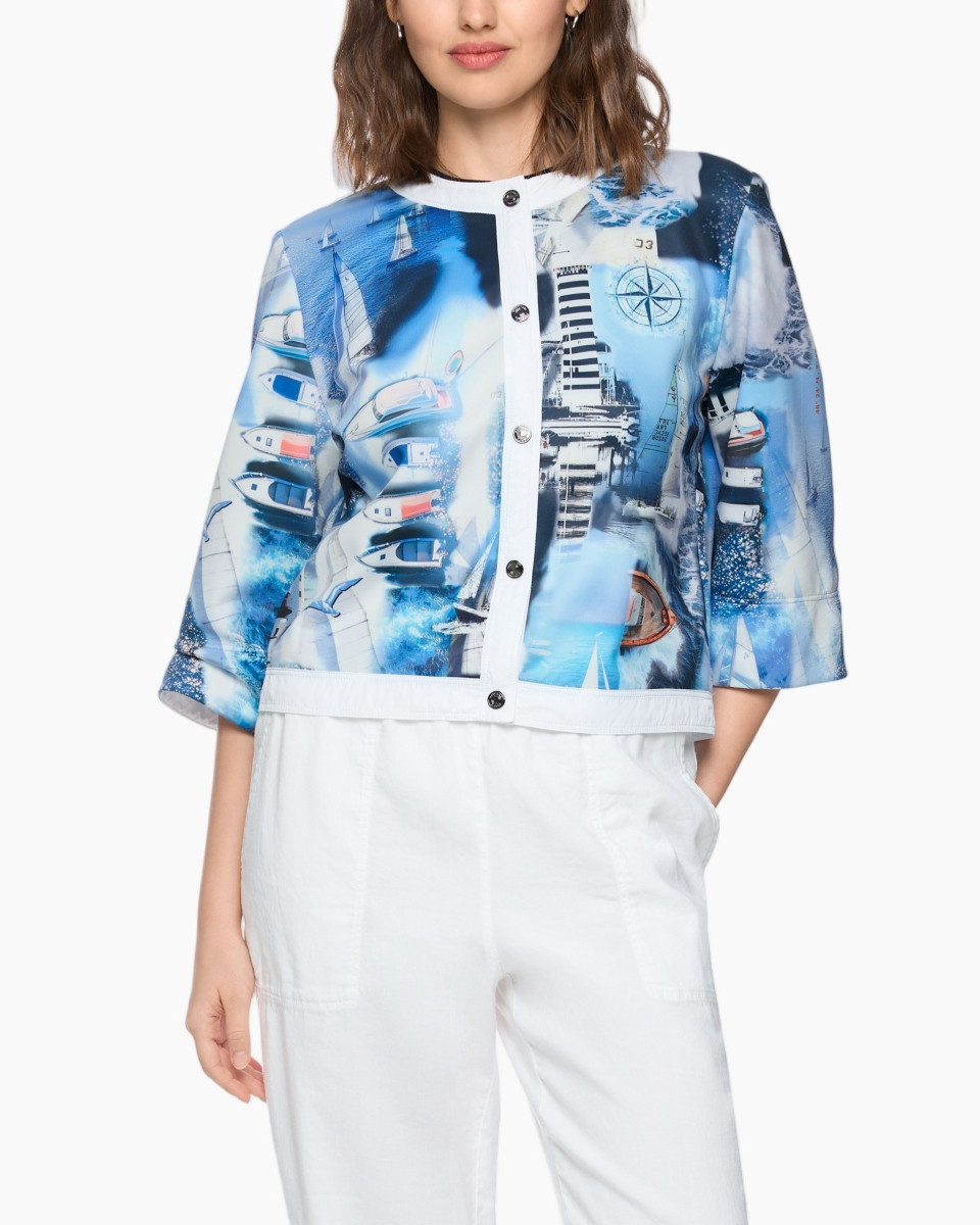 korte mouwen, cardigan, blauw-print, kraagloos, knopen