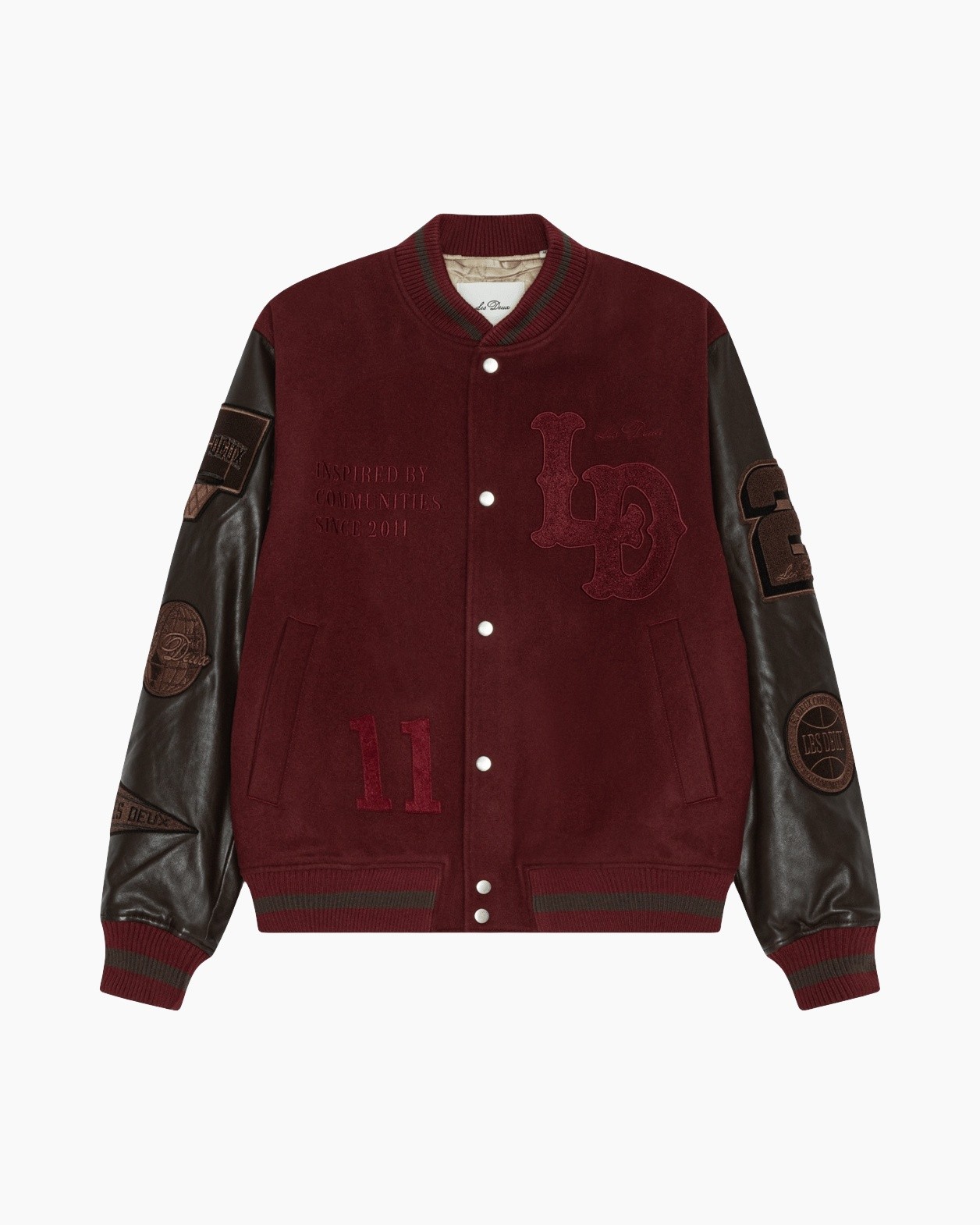 varsity jacket, burgundy, contrast sleeves, borduring embroidery, snap-closure