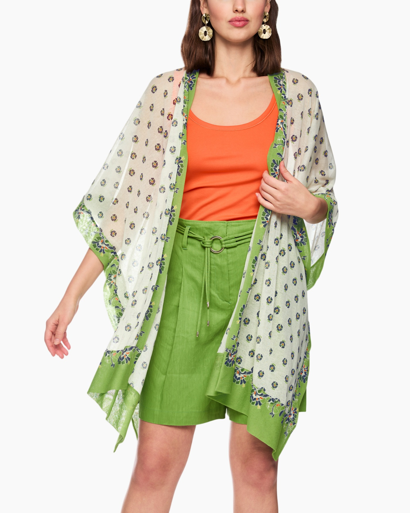 kimono, sjaal, print, bloemen, groen