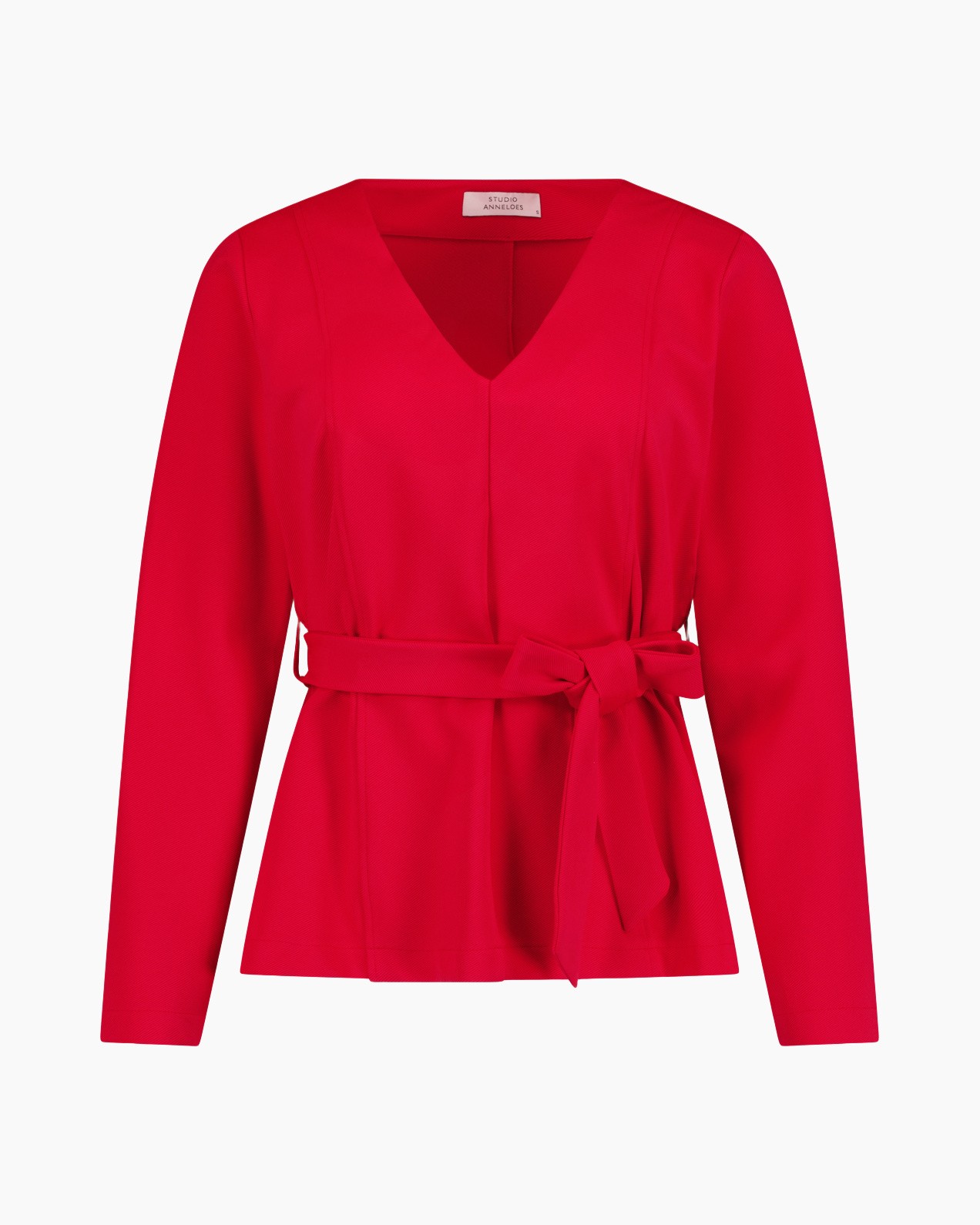 rood, omslagtop, V-hals, lange mouwen, riem