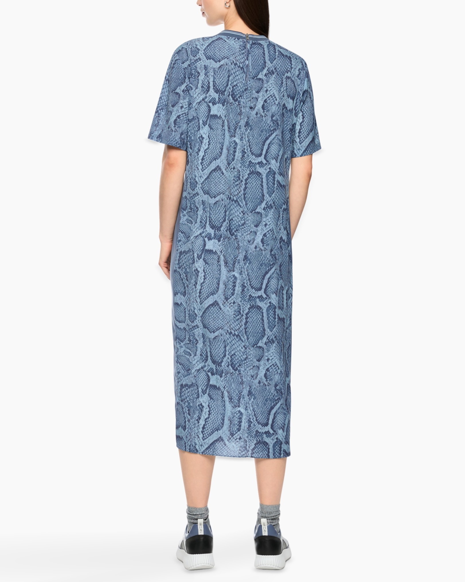 jurk, midi, korte mouw, slangenprint, blauw-grijs