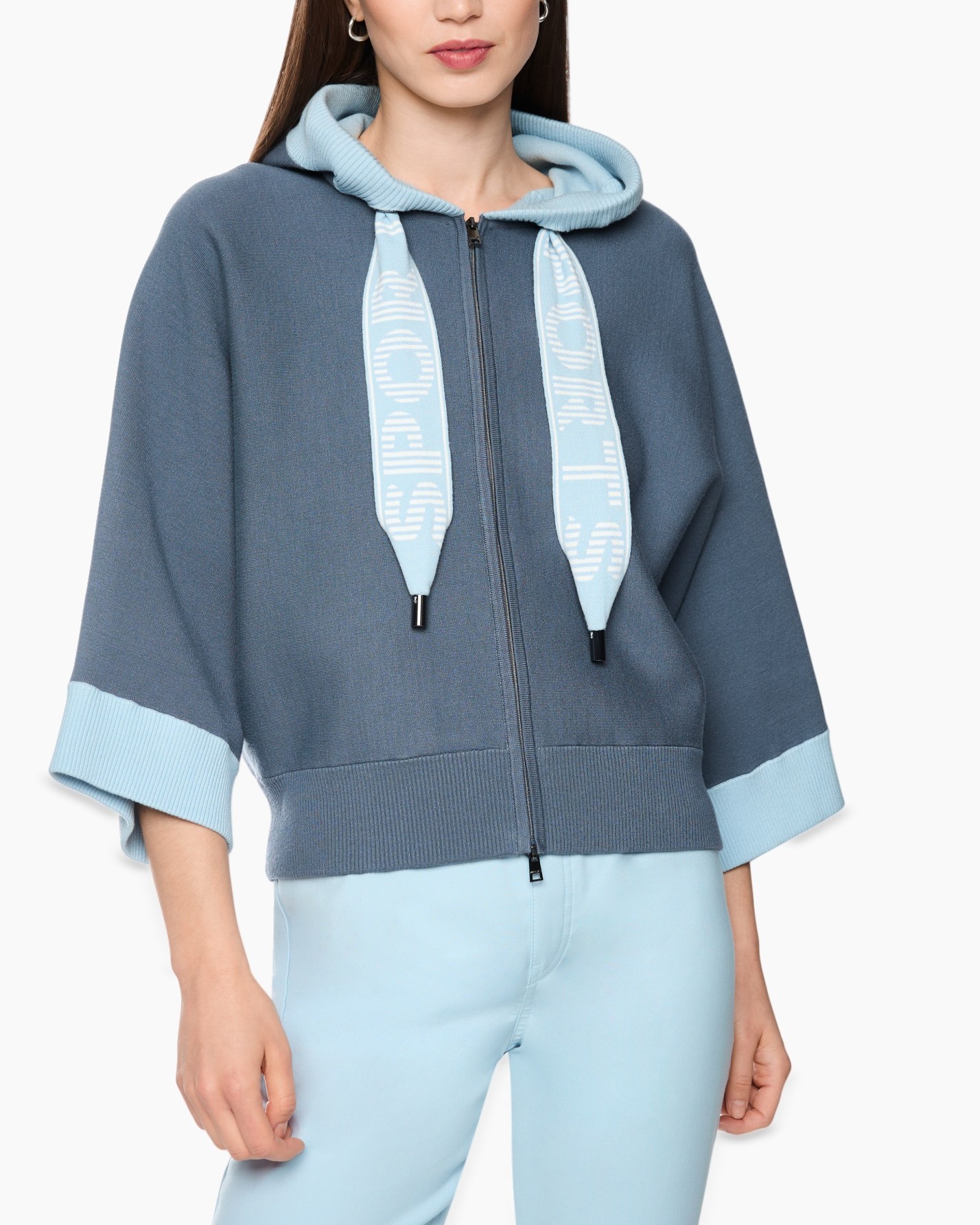 hoodie, rits, blauw, touwtjes, kortaald