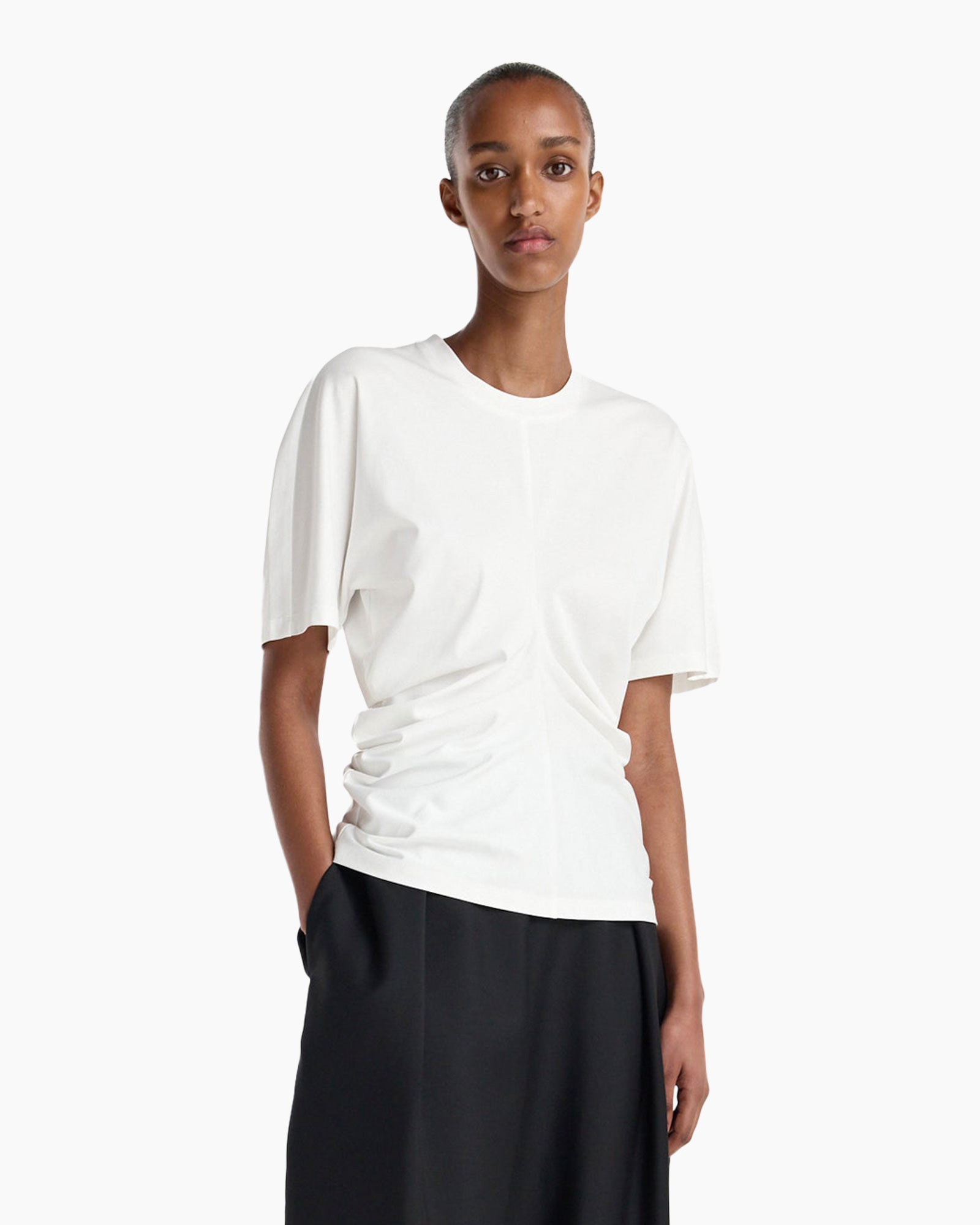 t-shirt, wit, korte mouwen, gerimpelde zijkant, breiende stof