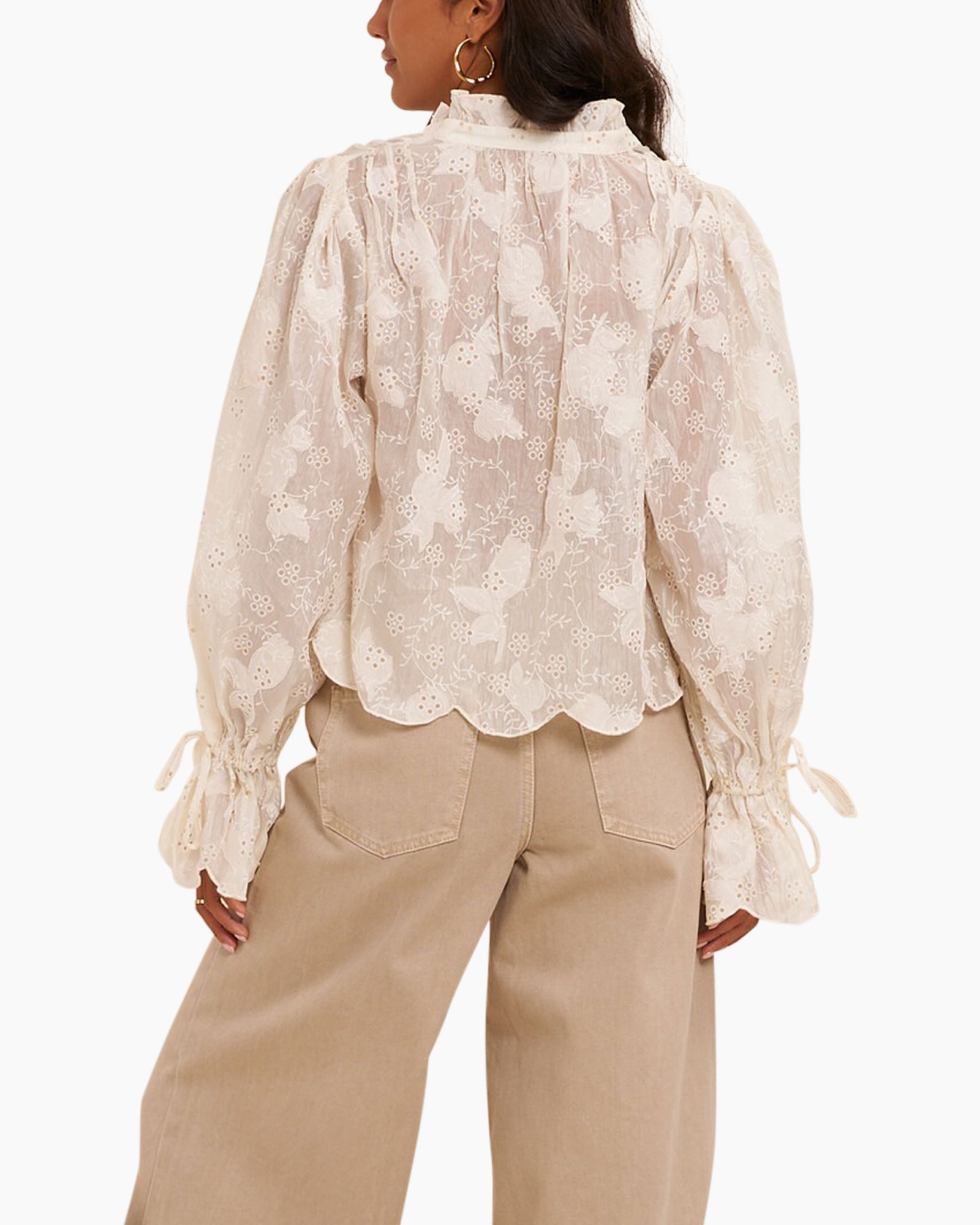 blusa de encaje, top transparente, mangas abullonadas, bordado, beige neutro