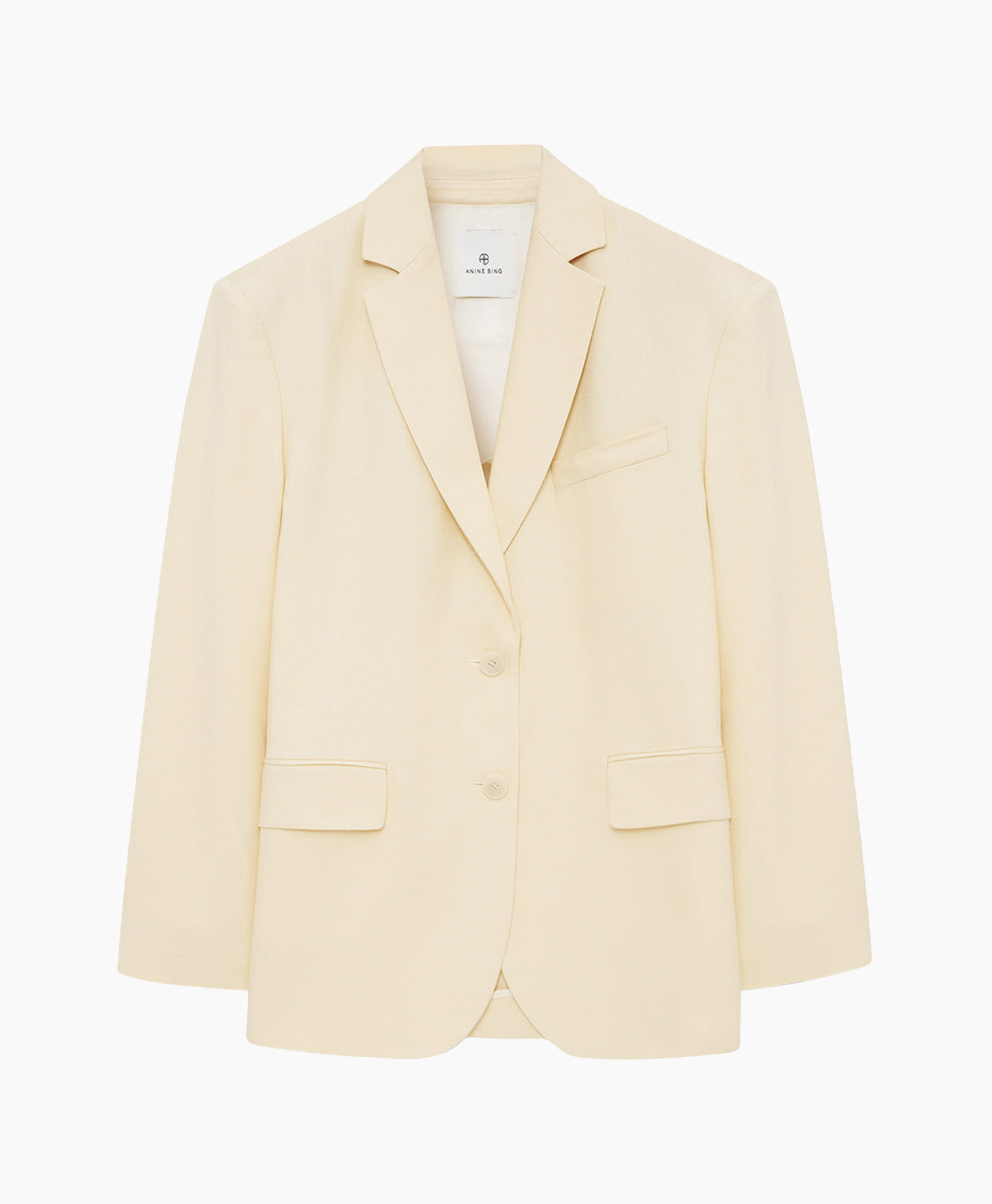 blazer, beige, enkellijn, twee-knopen, gesneden-kraag
