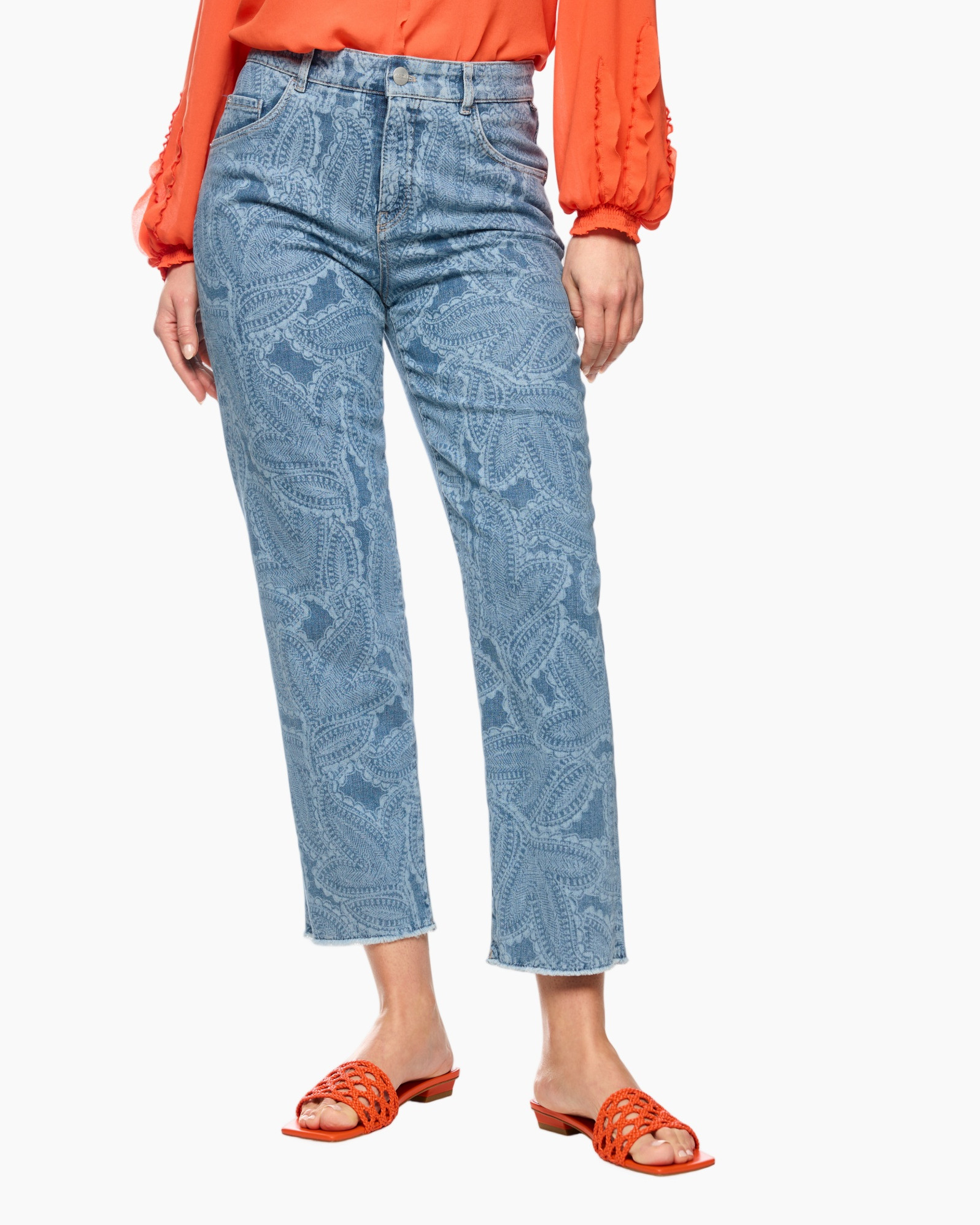 broek van denim, paisley patroon, lichtblauw, middelhoge taille, korte lengte