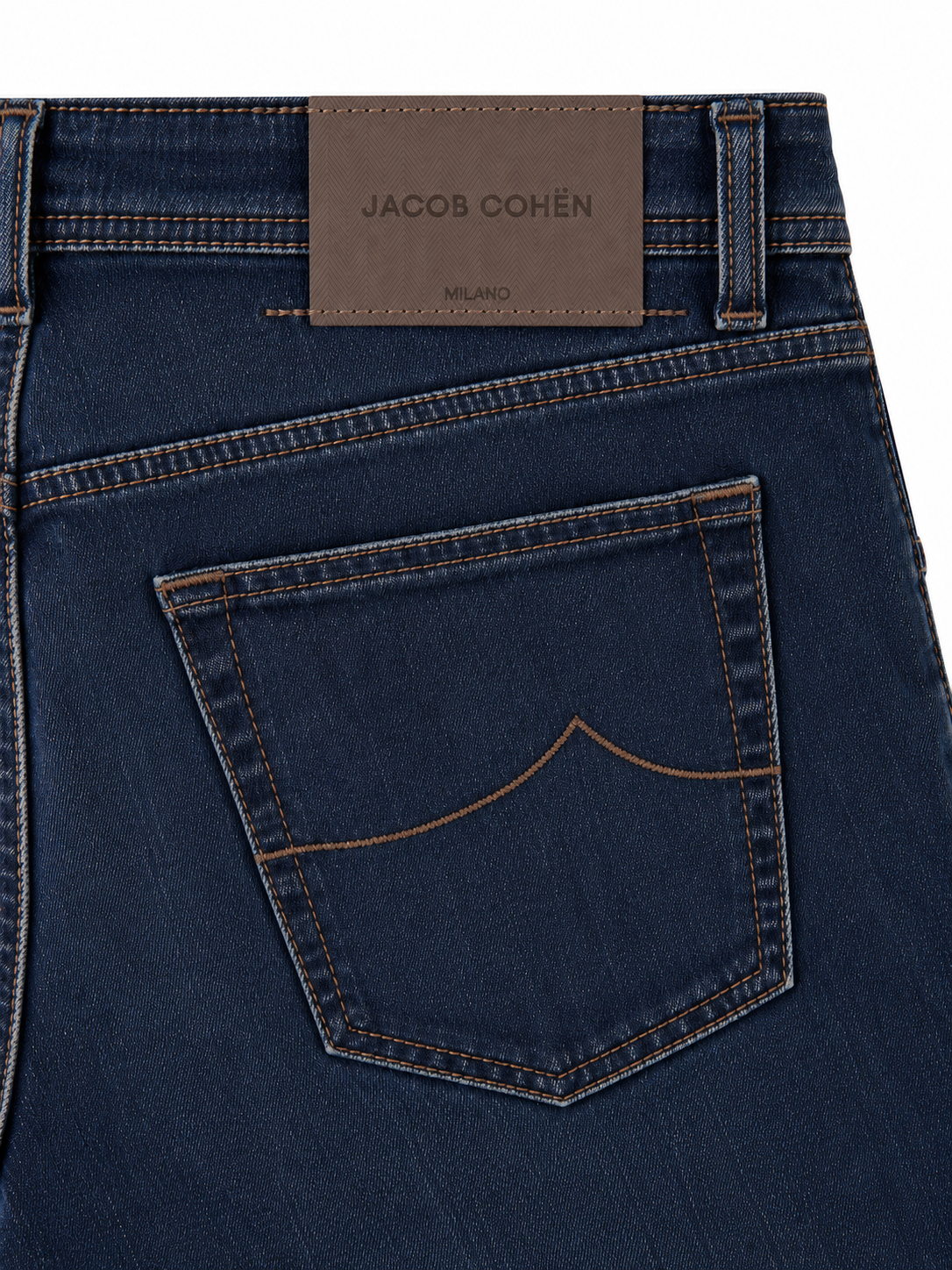 spijkerbroek, achterzak, denim, stiksels, bruine leren patch