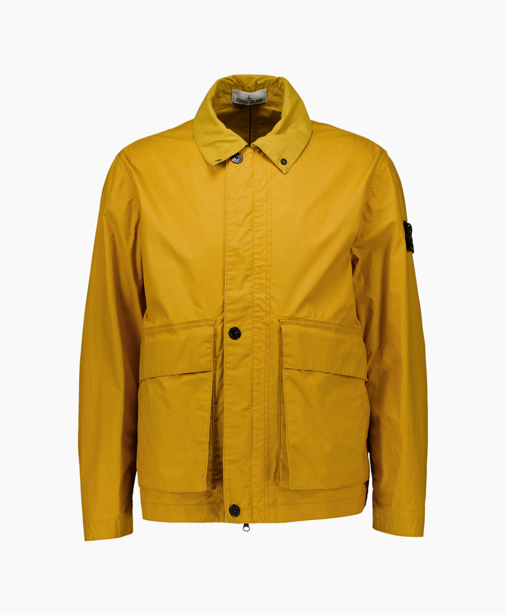 jacket, windbreaker, yellow, front pockets, button closure